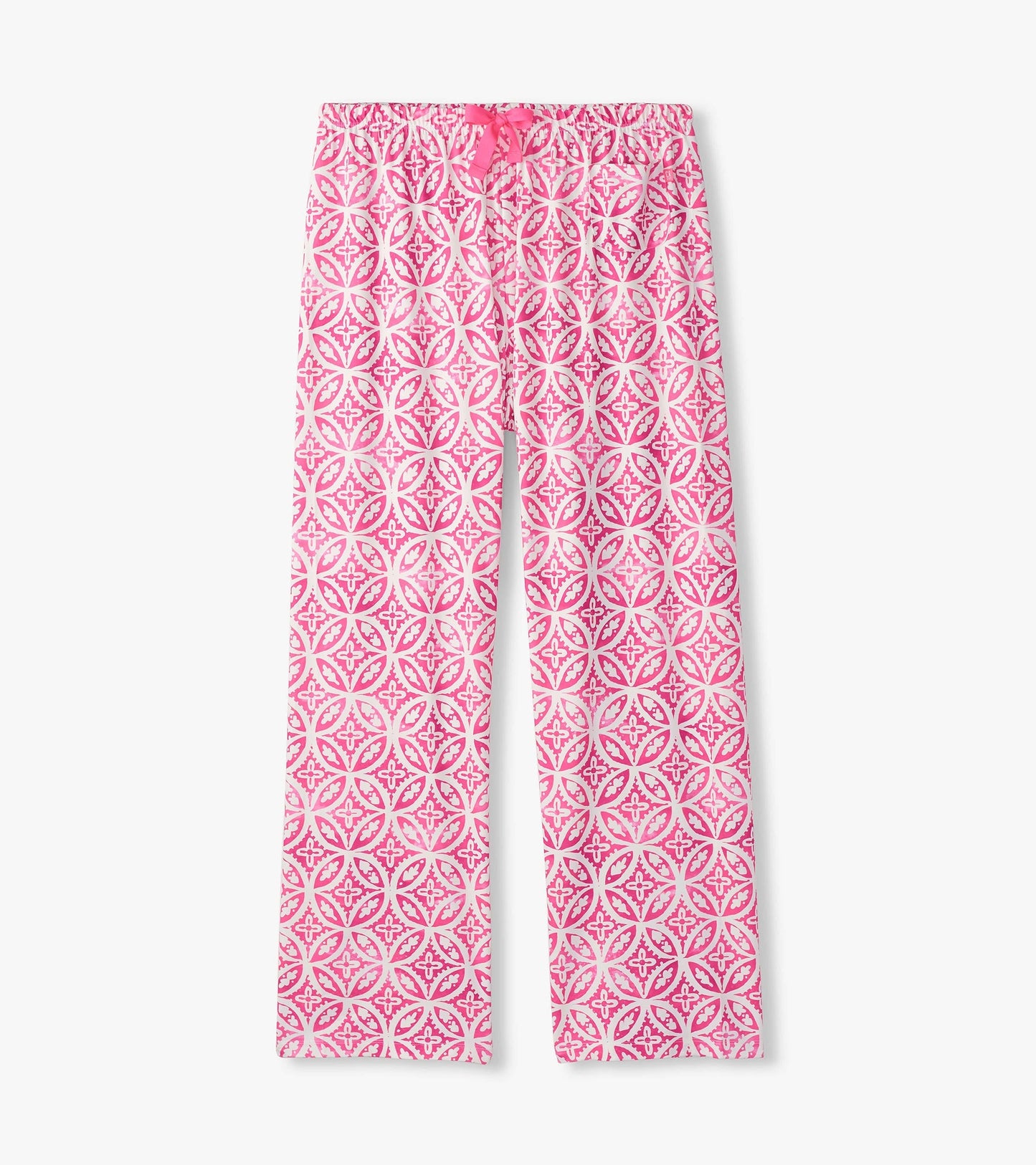Pink pajama pants featuring a lotus mandala pattern, made from soft polyknit fabric with an elastic waistband and drawstring.
