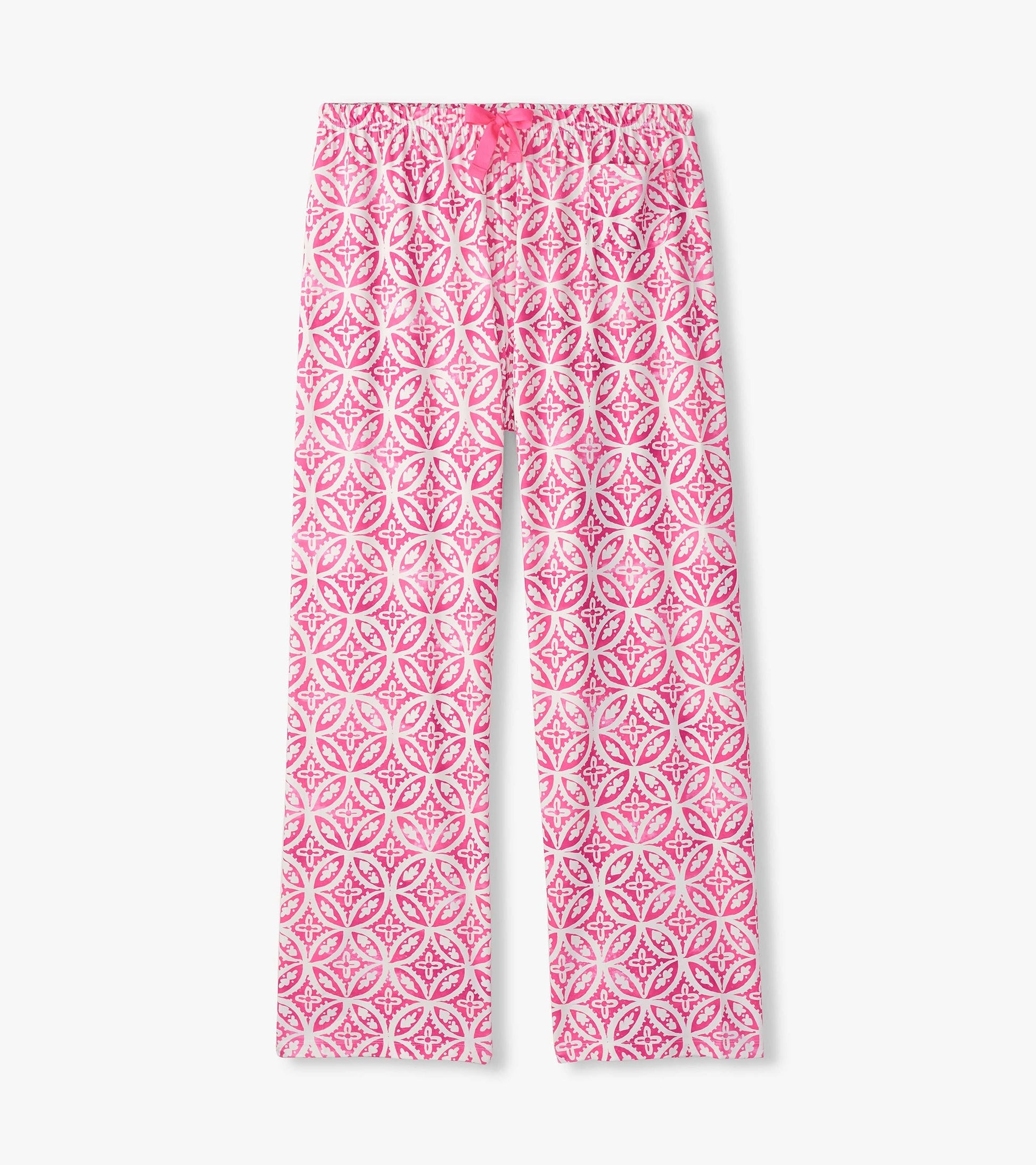 Pink pajama pants featuring a lotus mandala pattern, made from soft polyknit fabric with an elastic waistband and drawstring.