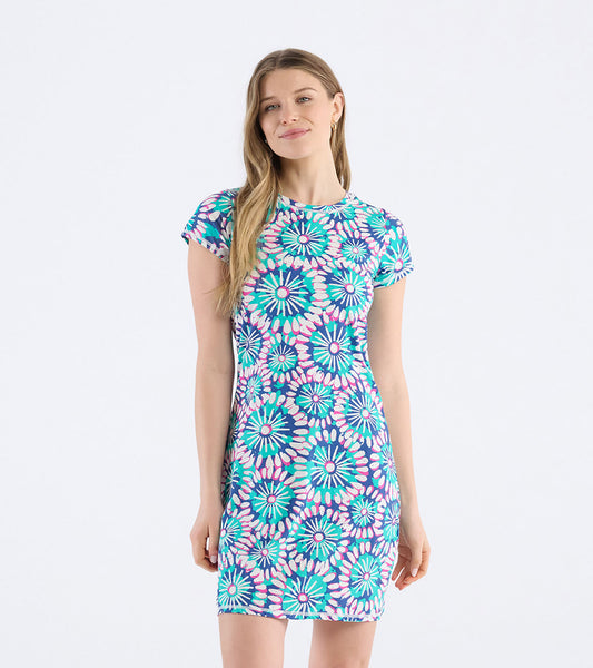 Short-sleeve t-shirt dress featuring a colorful sundial mandala pattern in shades of blue, pink, and green.