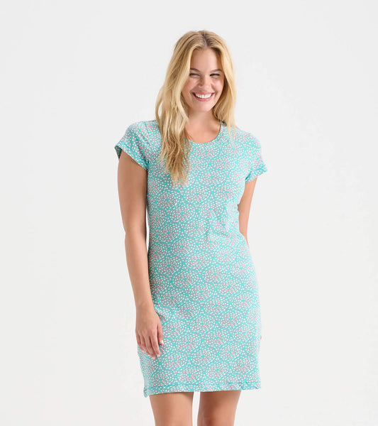 Light blue crew neck t-shirt dress with a floral pattern, short sleeves, and a fitted silhouette.