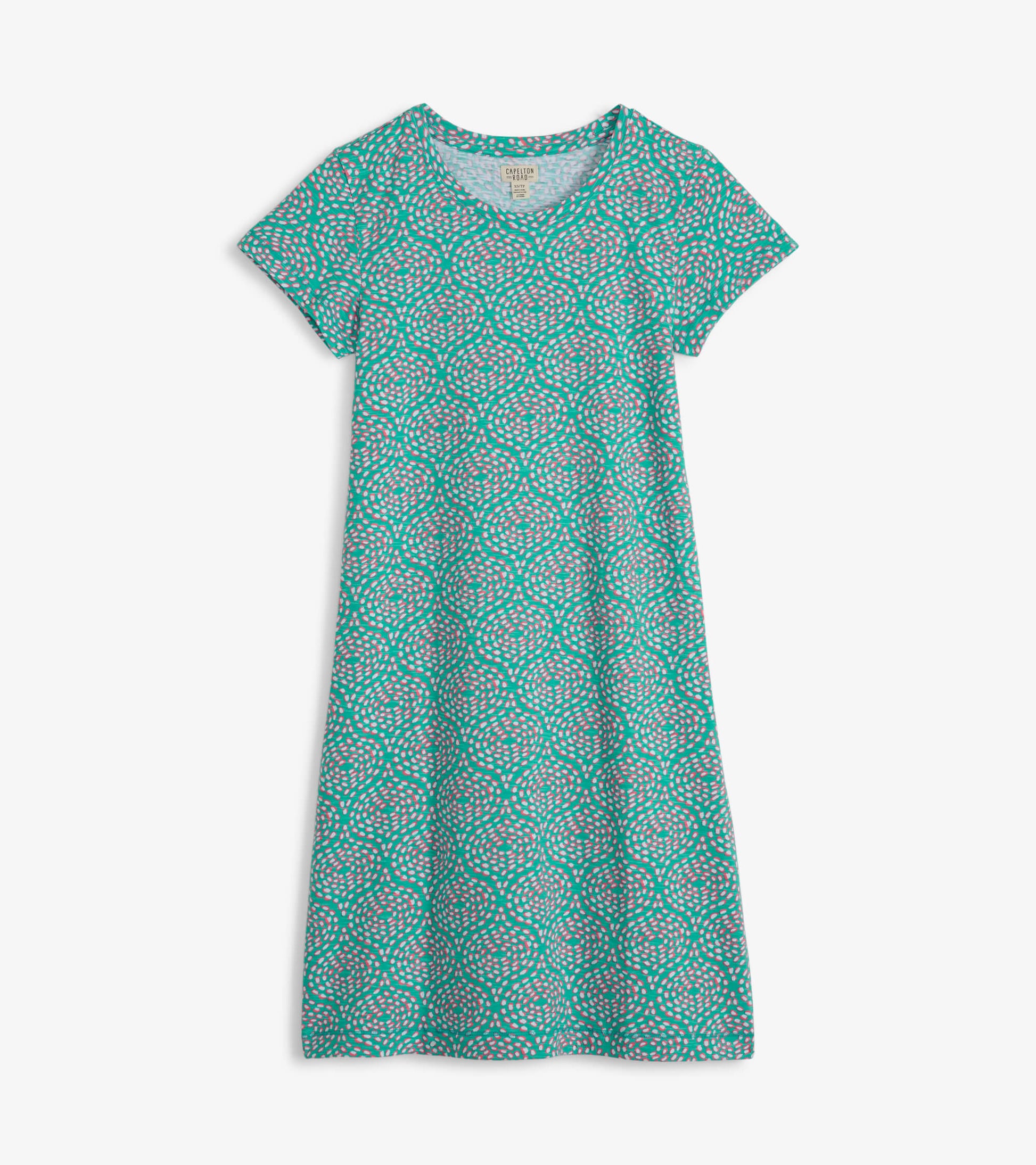 Short-sleeve crew neck t-shirt dress in teal with a colorful circular pattern, suitable for casual wear.