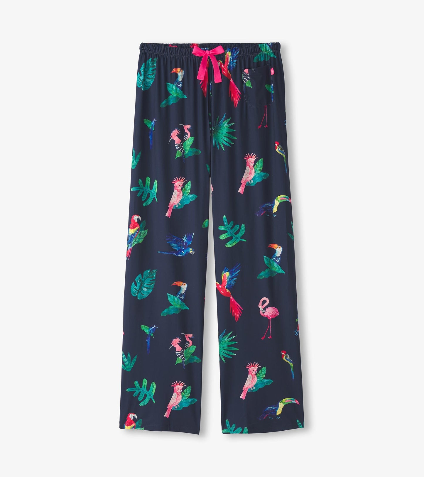 Navy pajama pants featuring a vibrant tropical bird and leaf pattern, with an elastic waistband and pink drawstring.