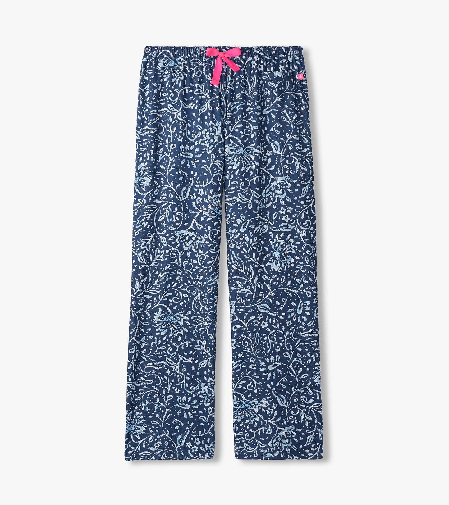 Navy polyknit pajama pants with a floral batik pattern and a pink drawstring waistband.