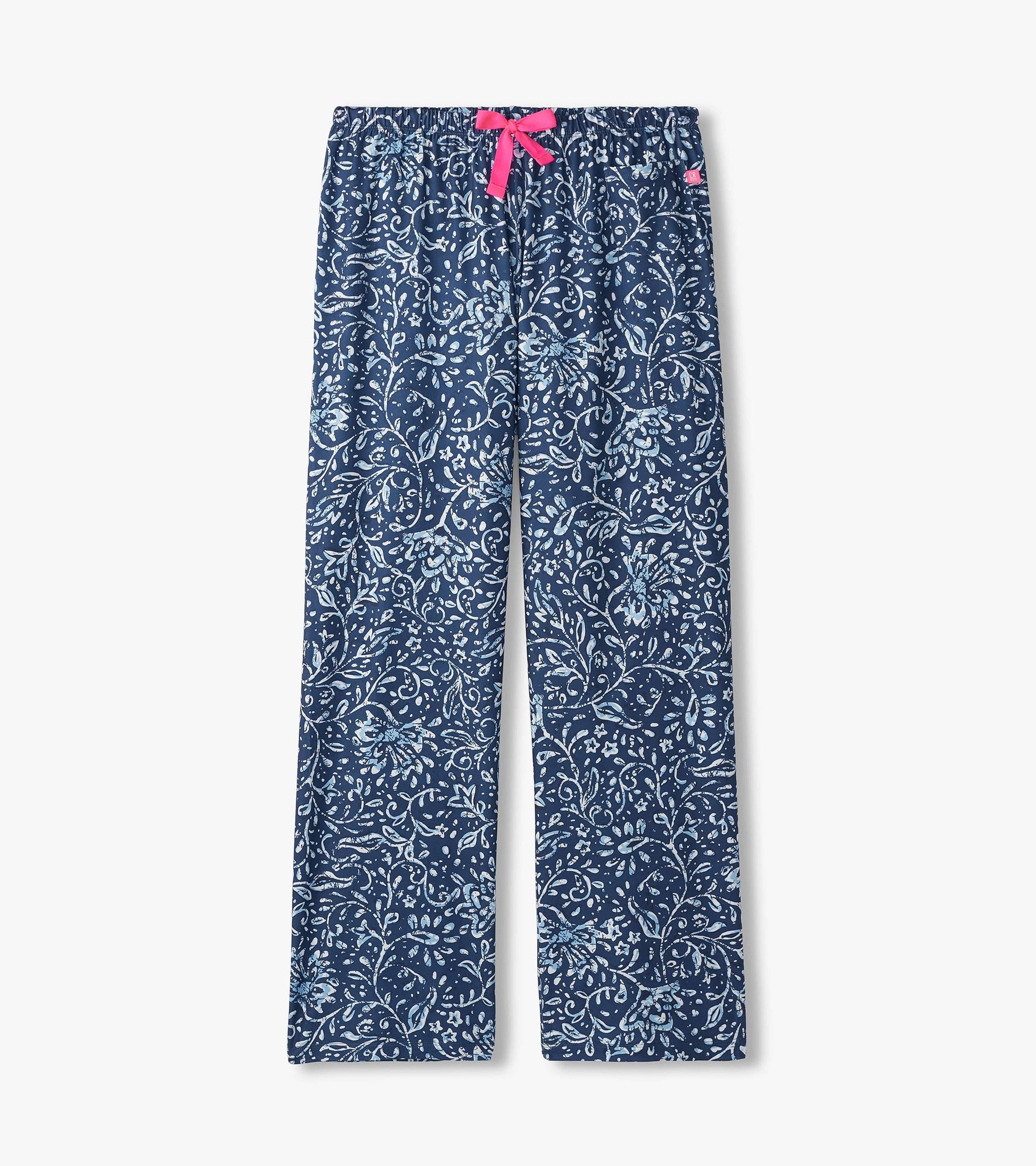 Navy polyknit pajama pants with a floral batik pattern and a pink drawstring waistband.