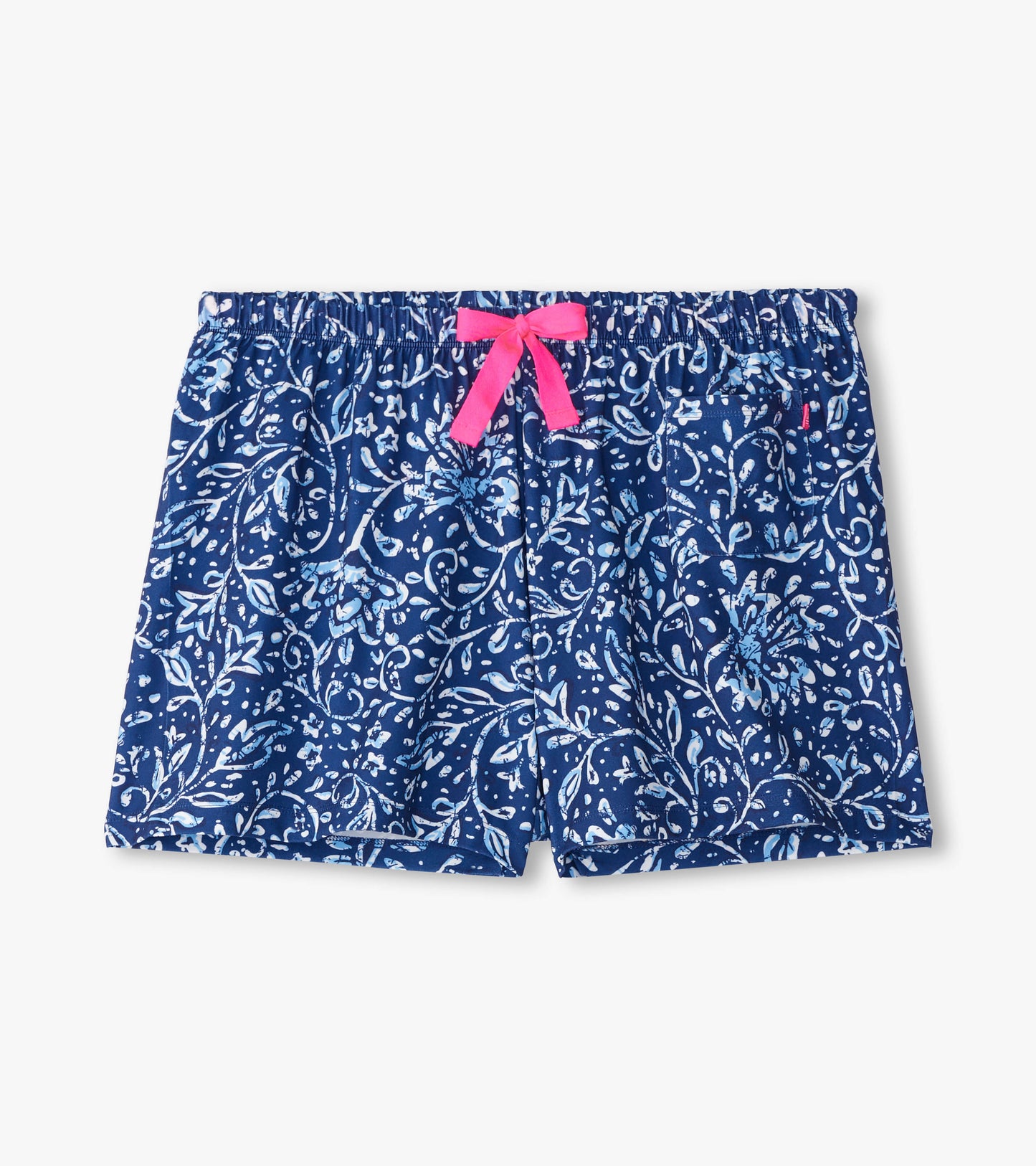 Navy blue pajama shorts with a floral batik pattern and a pink drawstring at the waist.