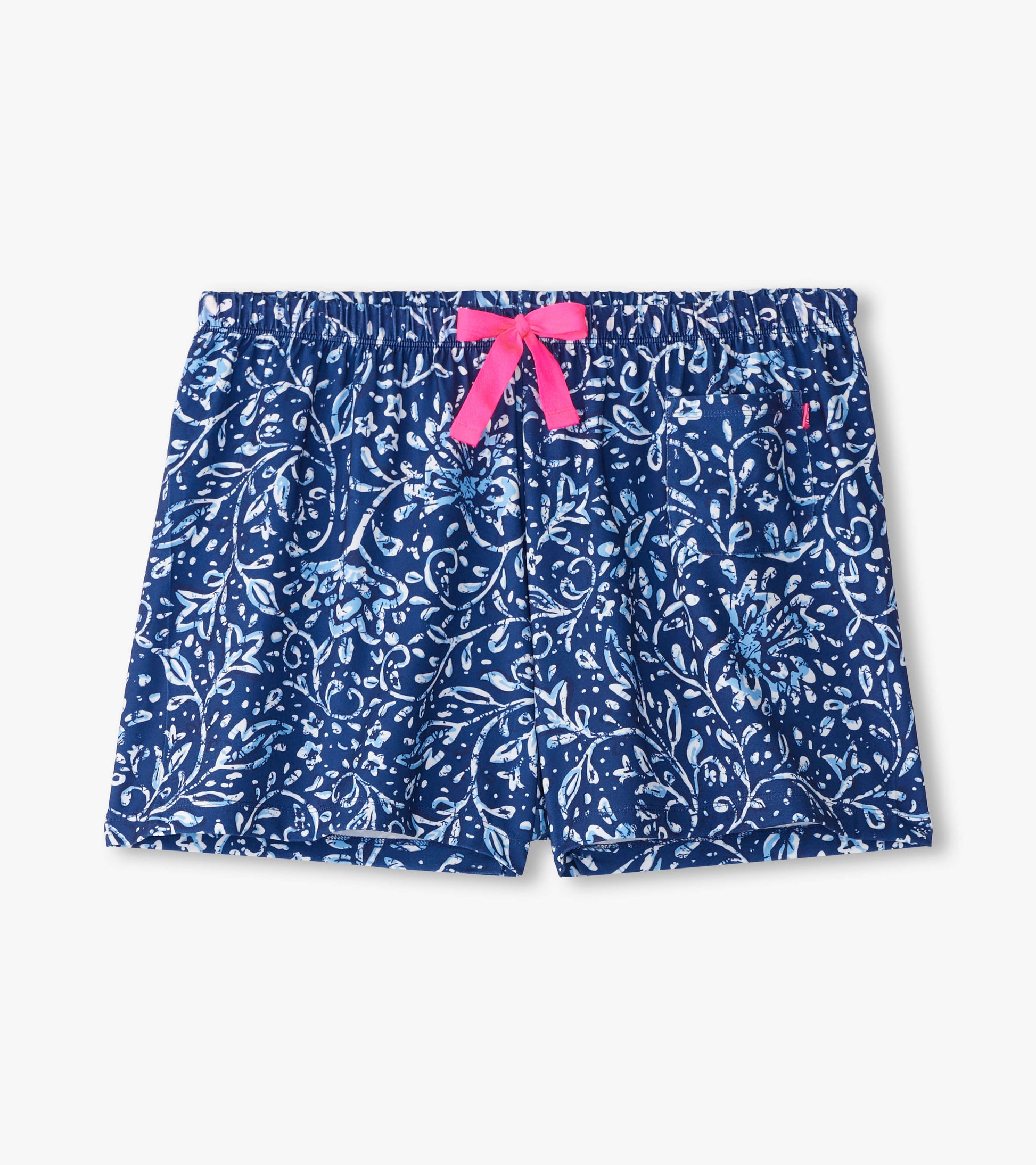 Navy blue pajama shorts with a floral batik pattern and a pink drawstring at the waist.