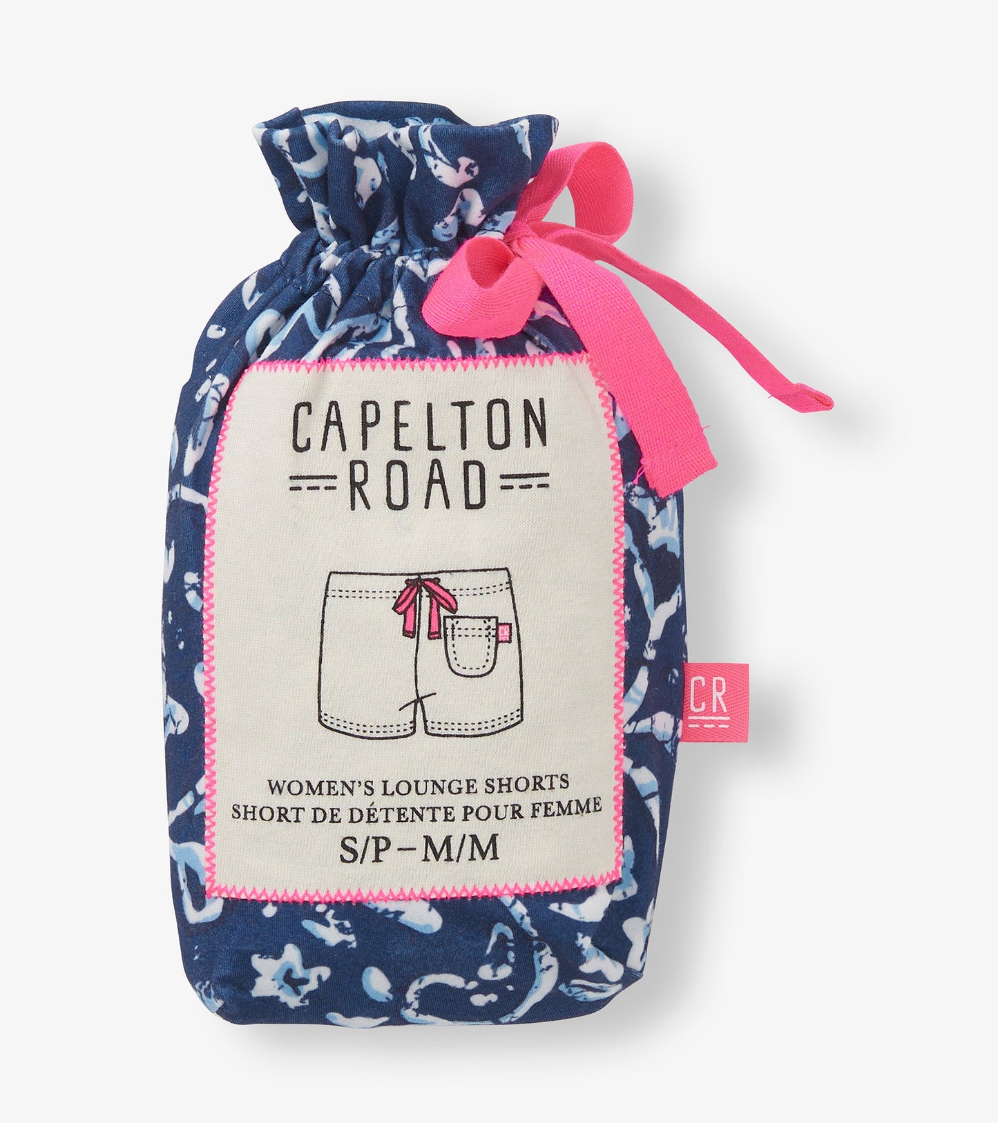 Navy blue pajama shorts with a floral batik pattern, featuring a pink drawstring and pocket detail.