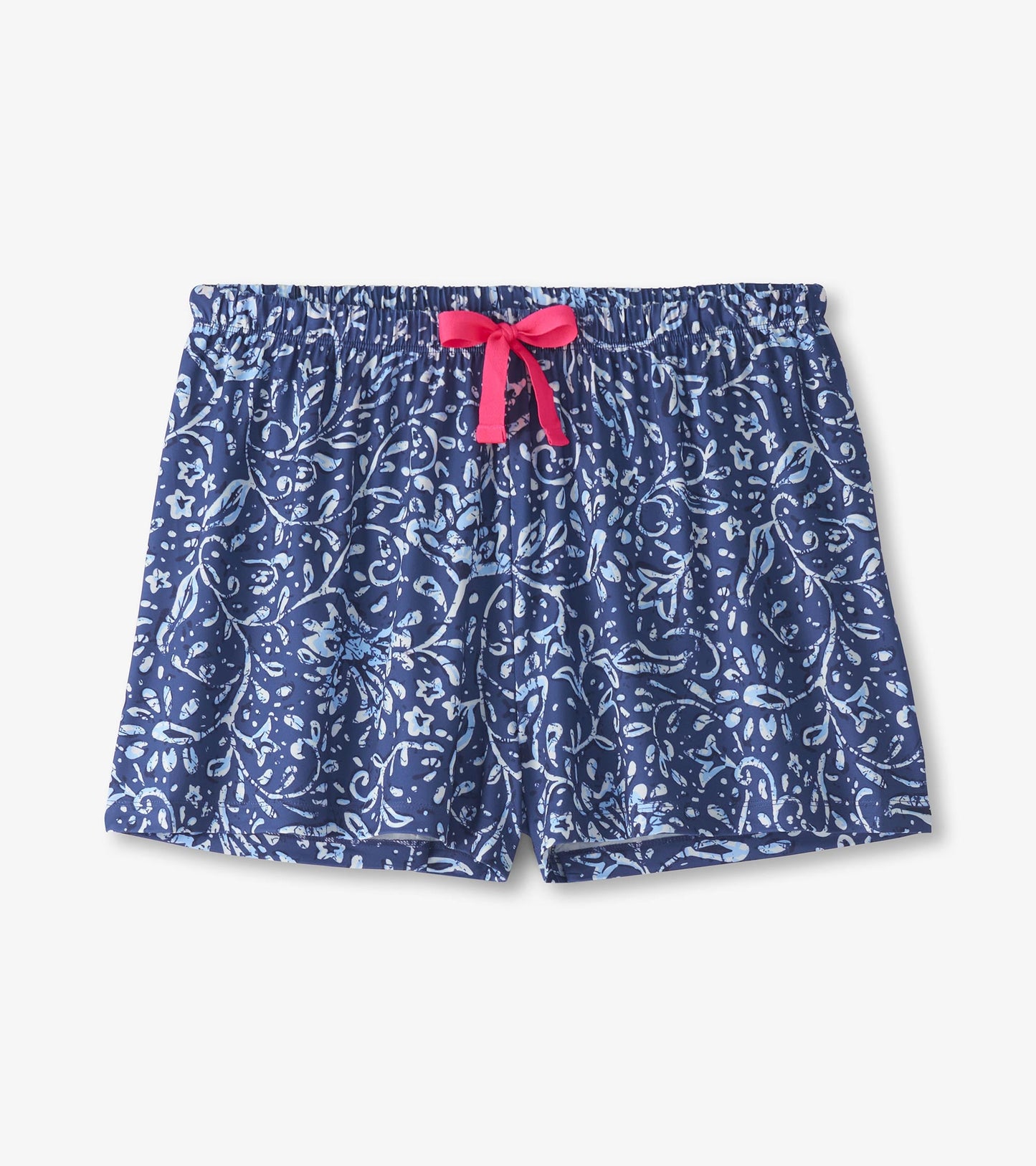 Navy blue pajama shorts featuring a floral batik pattern and a pink drawstring waist.