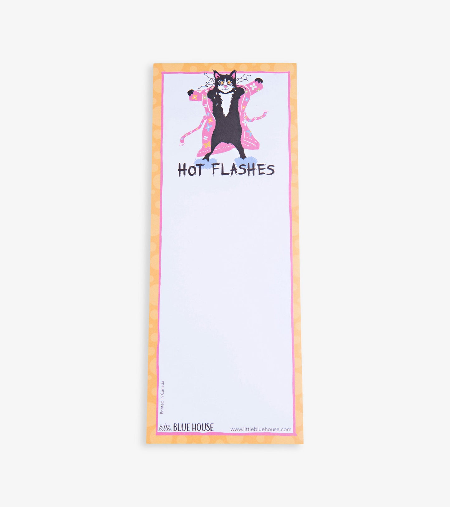 Magnetic notepad featuring a playful cat illustration with the text "HOT FLASHES" on a colorful background.