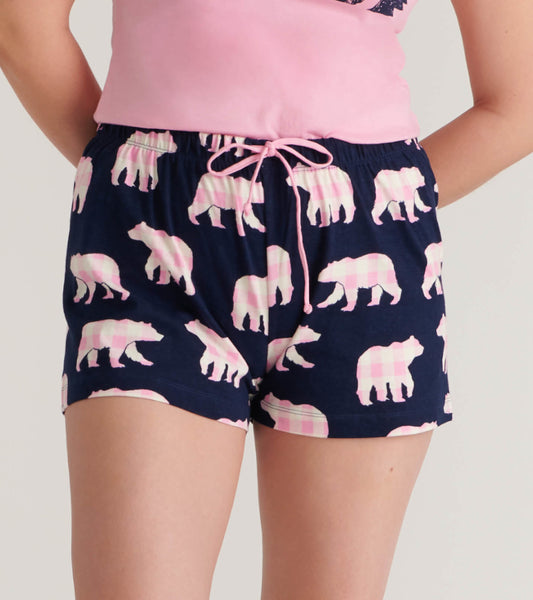 Navy cotton sleep shorts featuring a playful pink bear pattern and an elastic waistband with a drawstring.