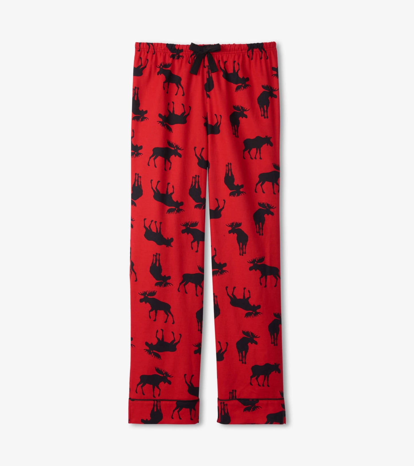 Red flannel pajama pants featuring a black moose pattern and an elastic waistband with a drawstring.