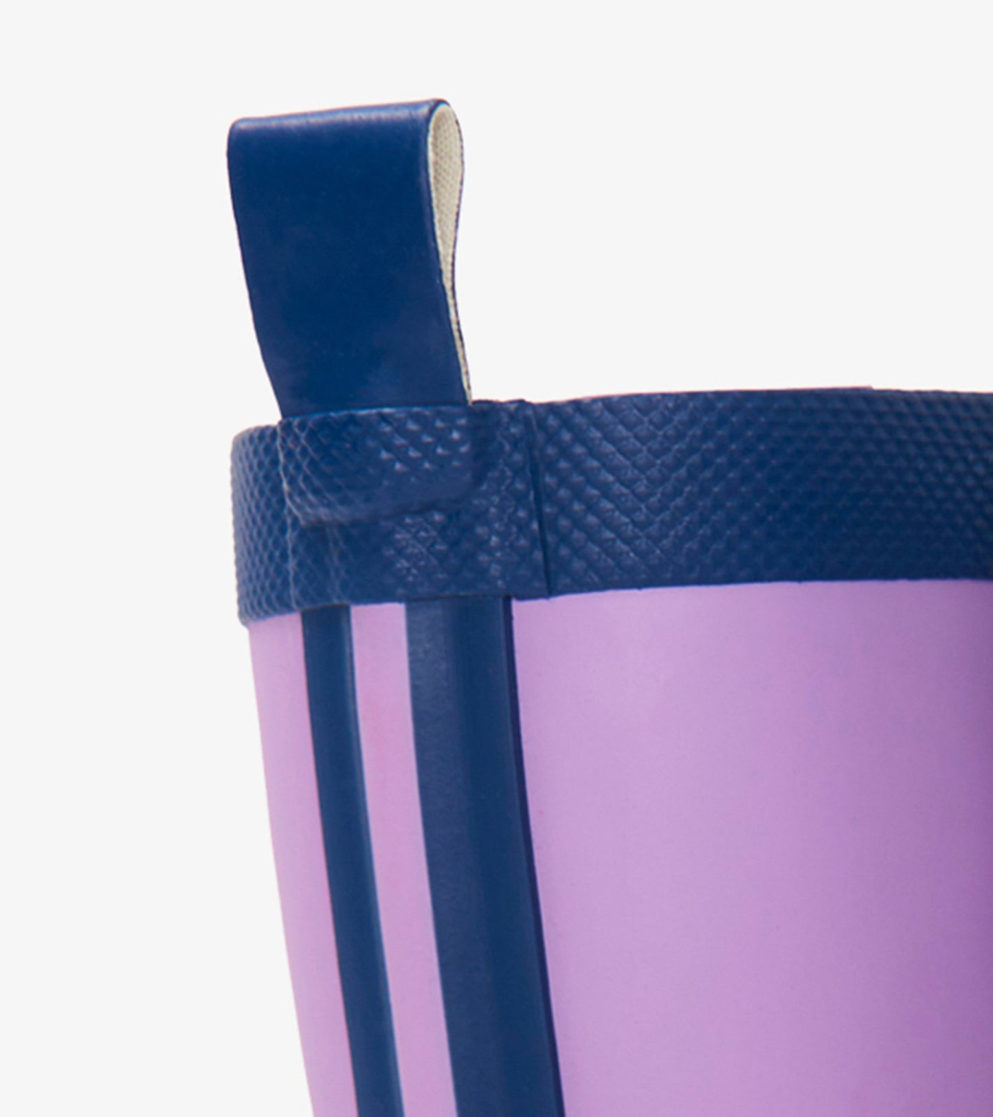 Lilac and navy matte rain boots with a textured navy band and pull tab for easy wear. Ideal for wet weather.