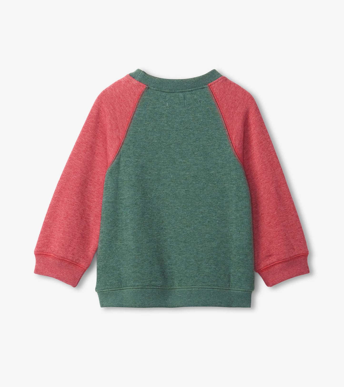 Green pullover sweatshirt with red raglan sleeves, featuring a soft material and relaxed fit, shown from the back.