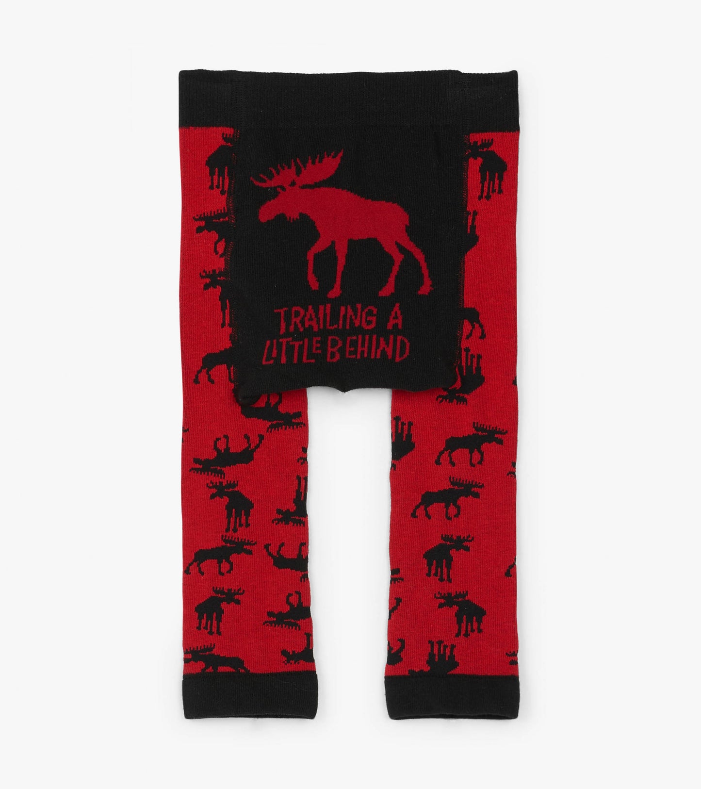 Red baby tights featuring black moose silhouettes and text, designed for infants aged 0-24 months.