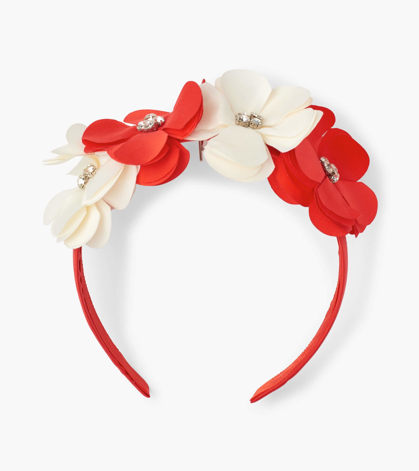 Red and white floral headband with embellishments, designed for kids, featuring a flexible band for comfortable wear.