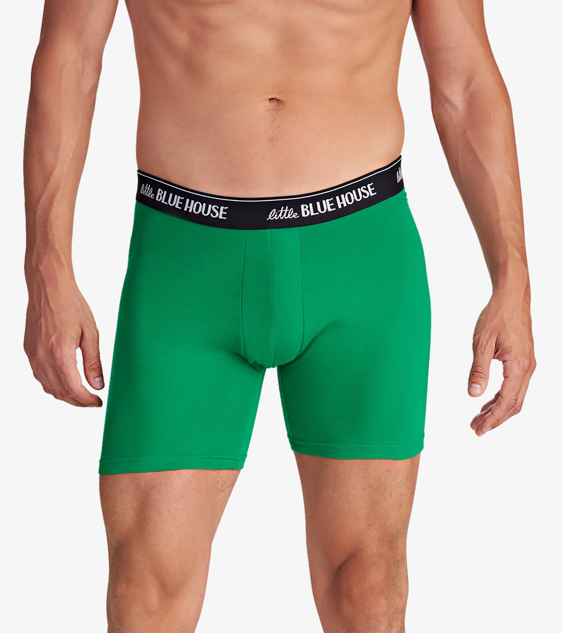 Green boxer shorts with a black waistband, designed for comfort and a snug fit.