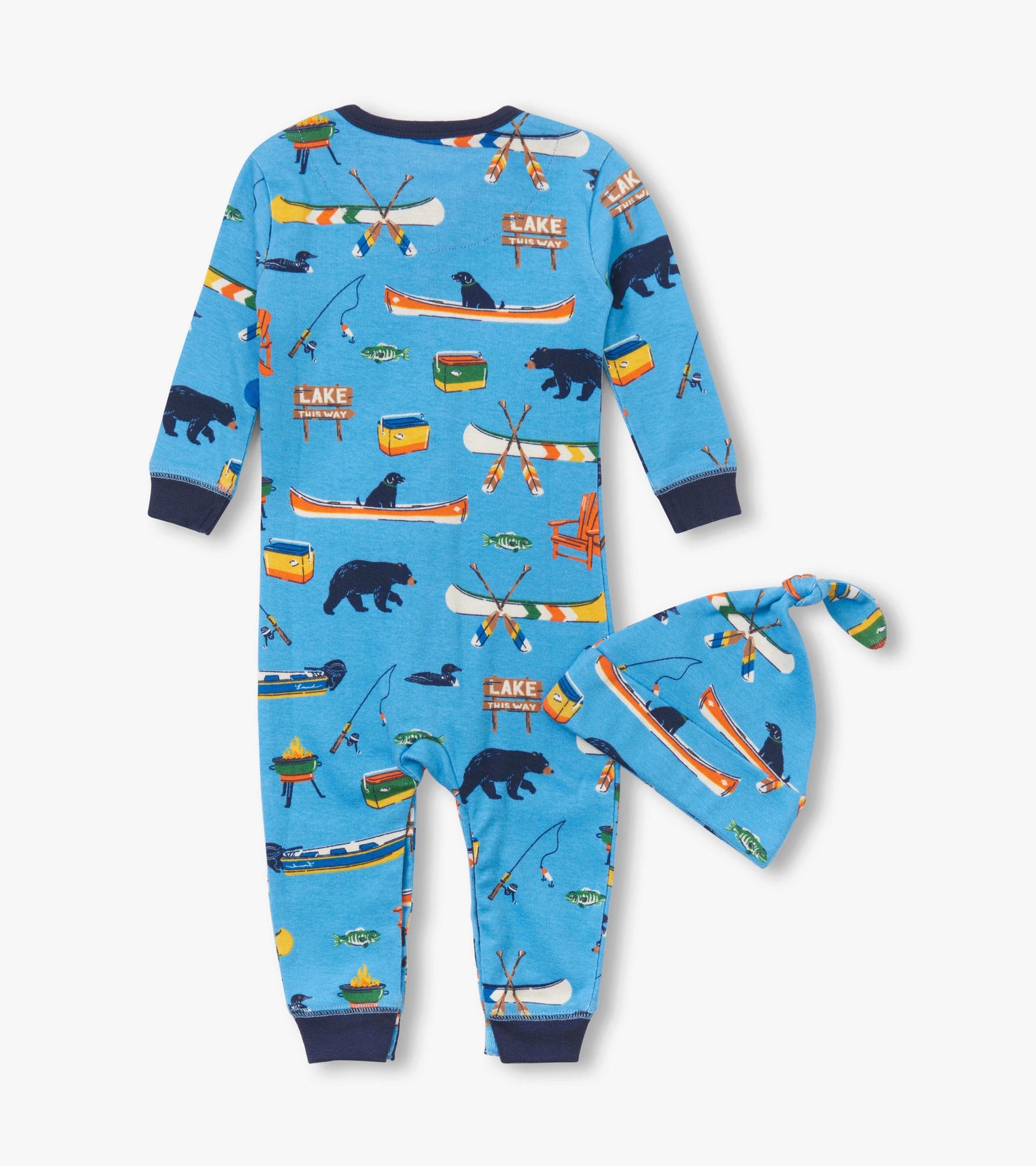 Blue baby sleeper with lake-themed patterns and matching hat, featuring bears, canoes, and fishing motifs.