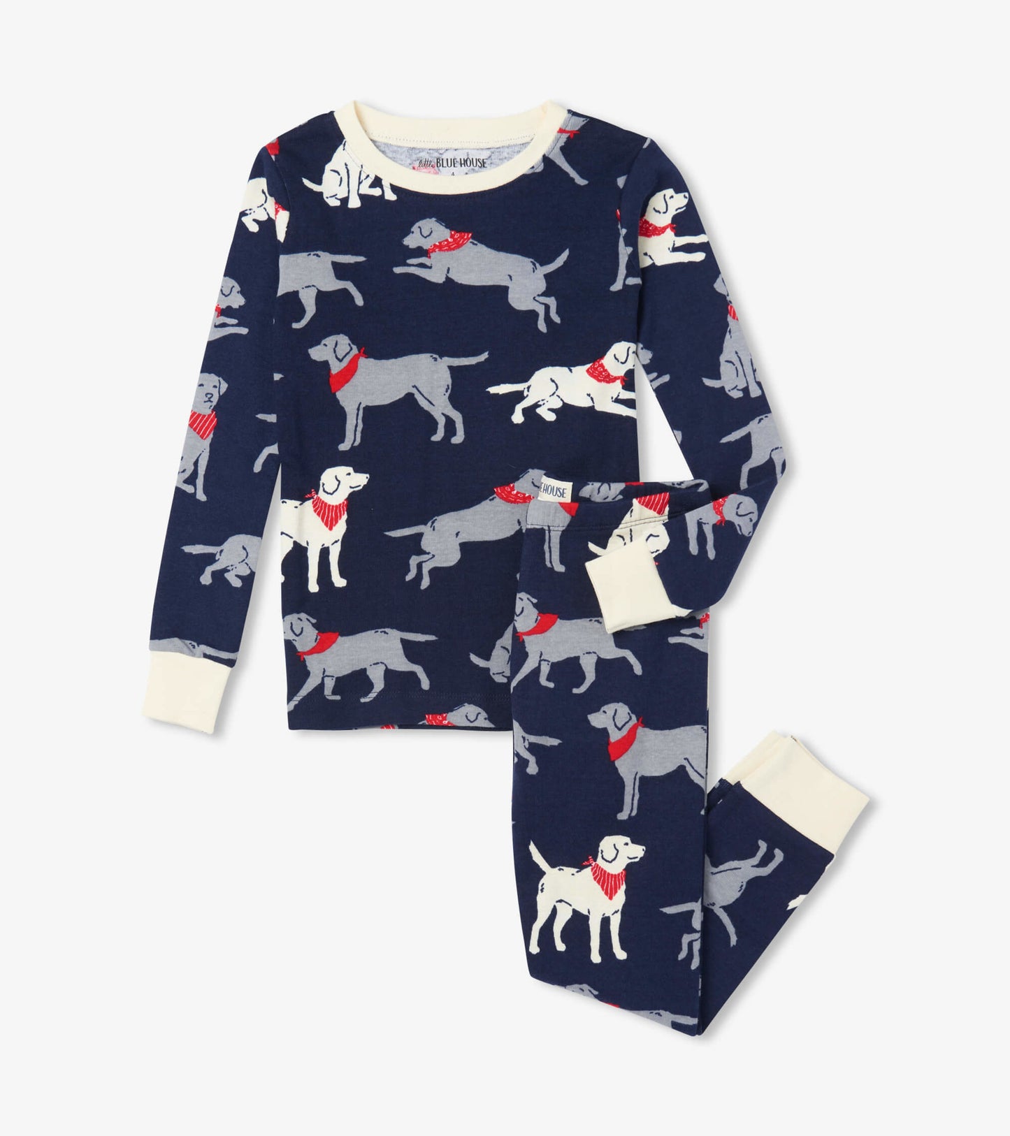 Navy pajama set featuring playful dog patterns with red bandanas, includes long-sleeve top and matching pants.