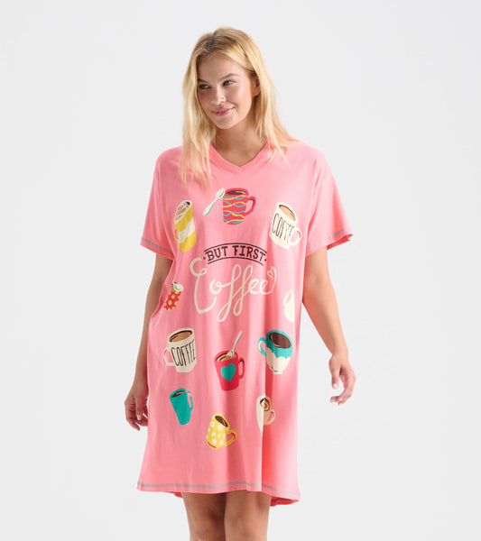 Pink women's sleepshirt featuring a playful coffee-themed graphic and a relaxed fit with short sleeves.