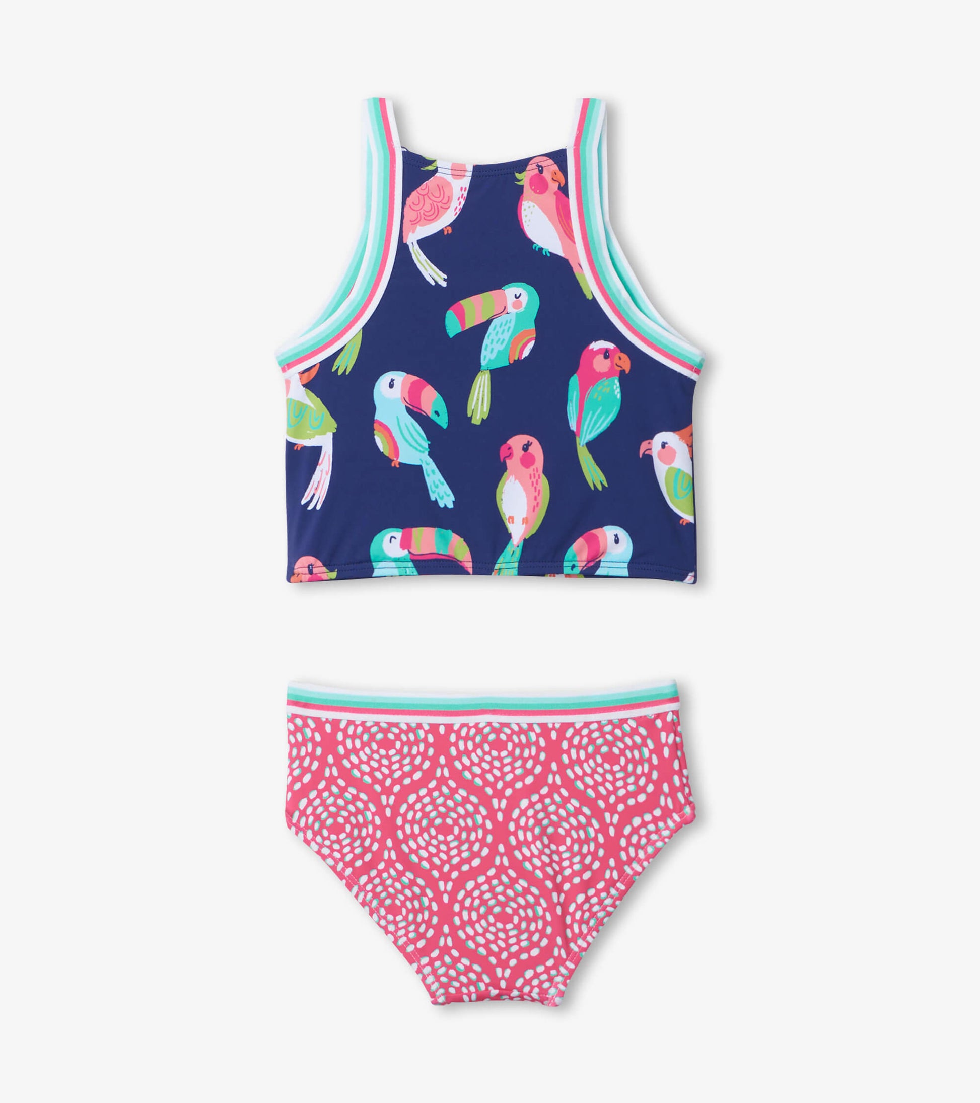 Navy tankini set featuring colorful tropical birds on the top and a pink patterned bottom with a light blue trim.