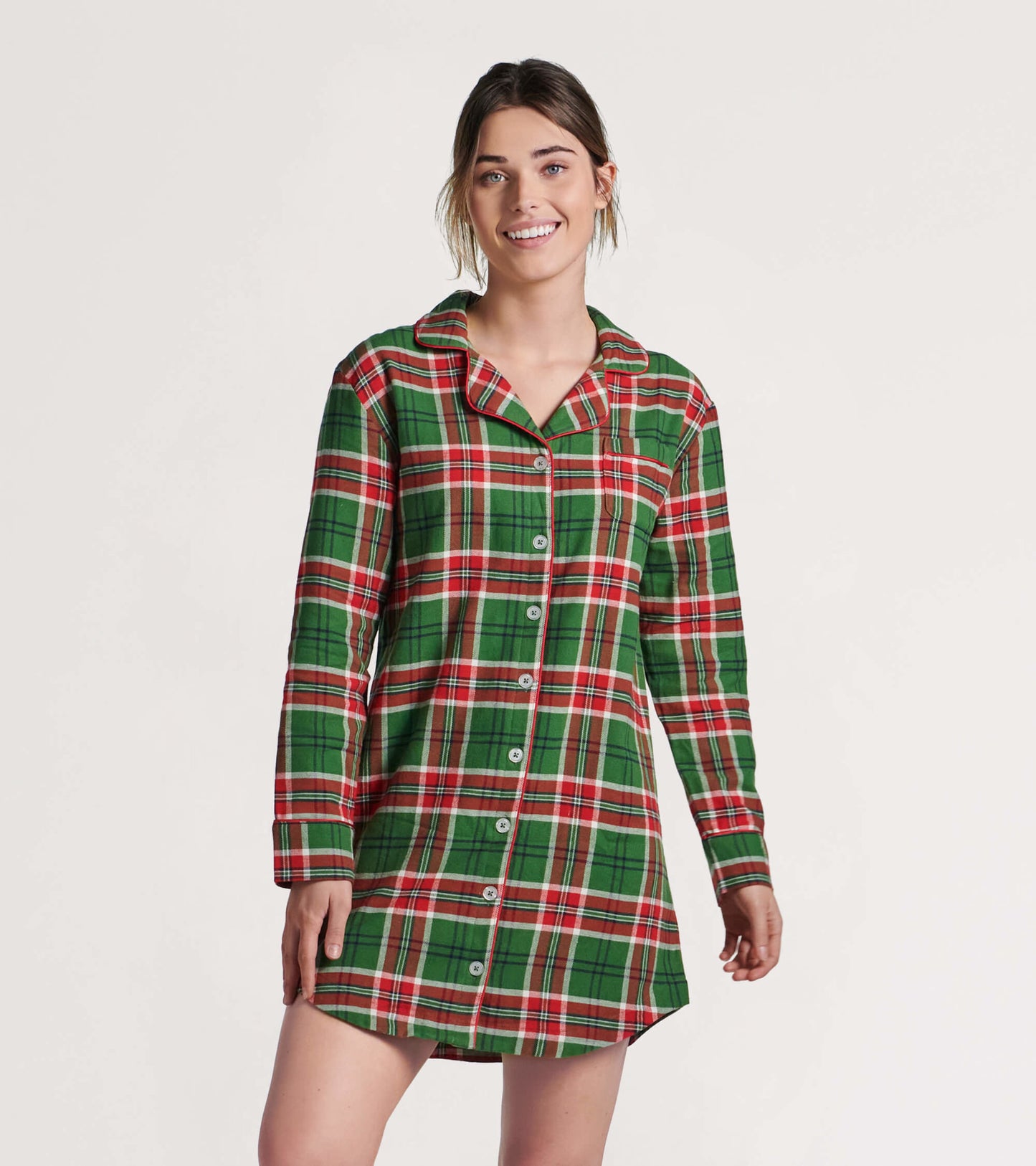 Chemise de nuit en flanelle pour femme – Motif écossais de Noël