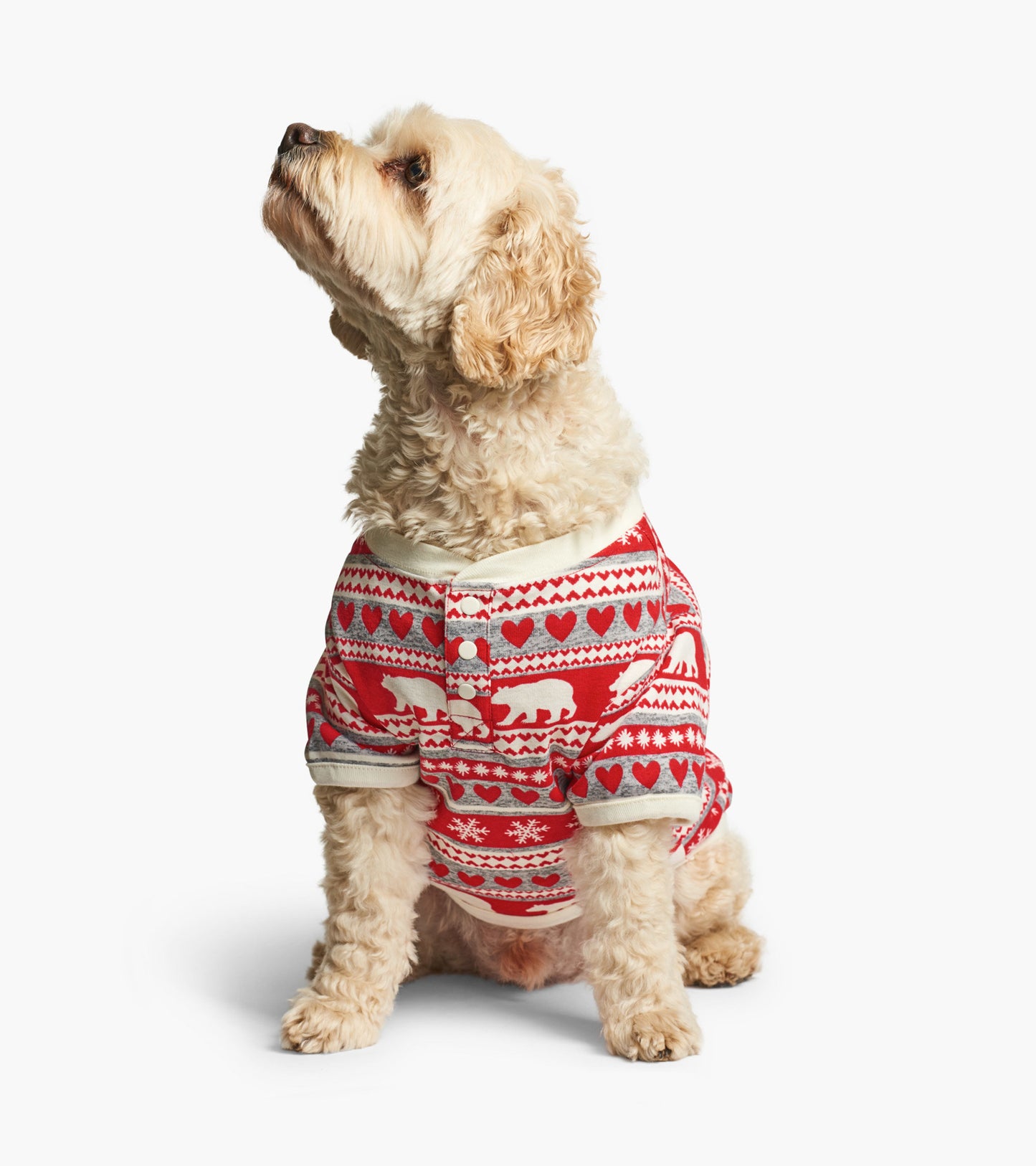 Red Fair Isle dog pajama featuring polar bears and hearts, with short sleeves and a buttoned front.