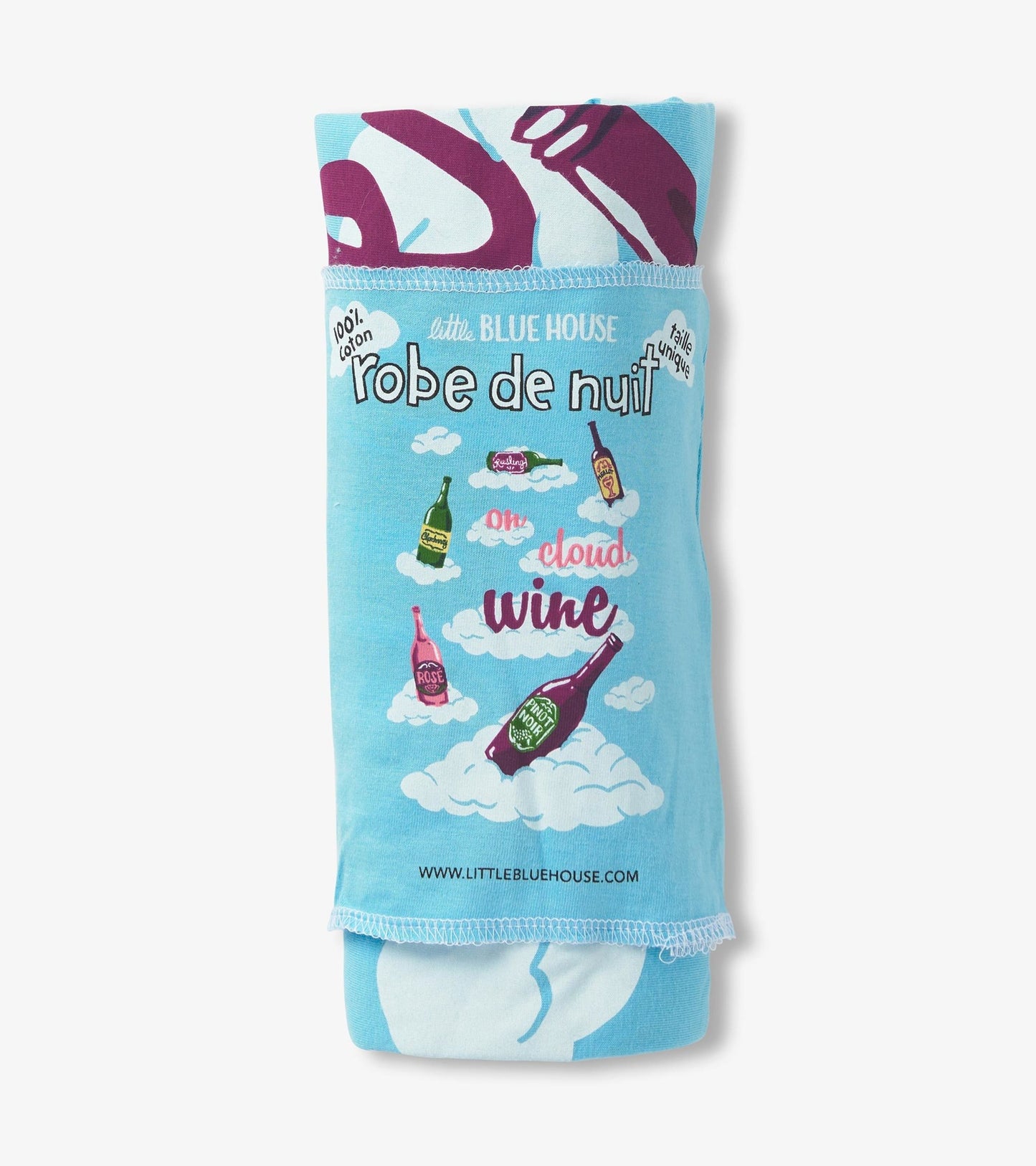 Light blue sleepshirt featuring a whimsical wine bottle print and cloud design, made from soft cotton material.