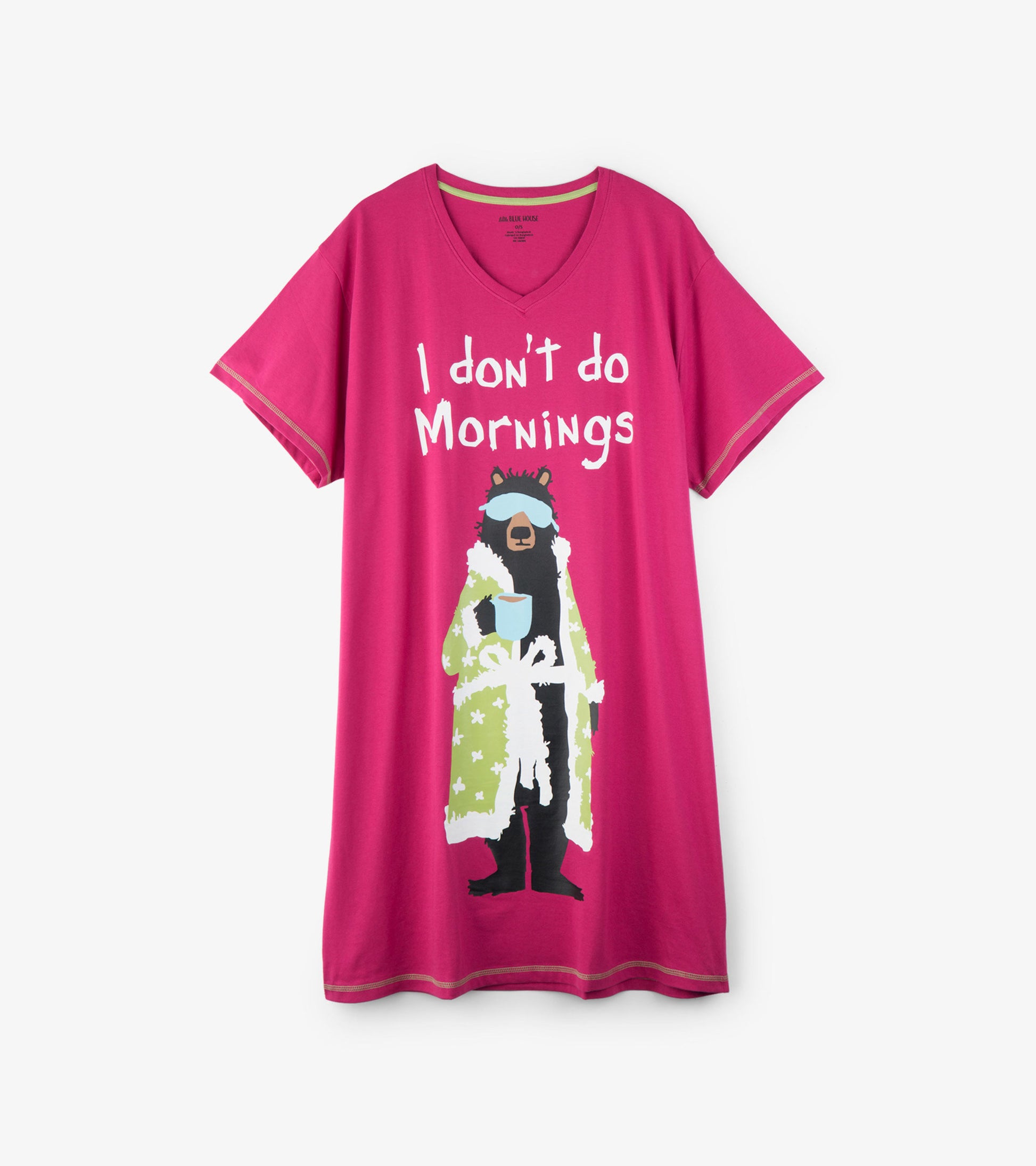 Pink women's sleepshirt featuring a bear graphic in a robe with the text "I don't do Mornings" in white. V-neck design.
