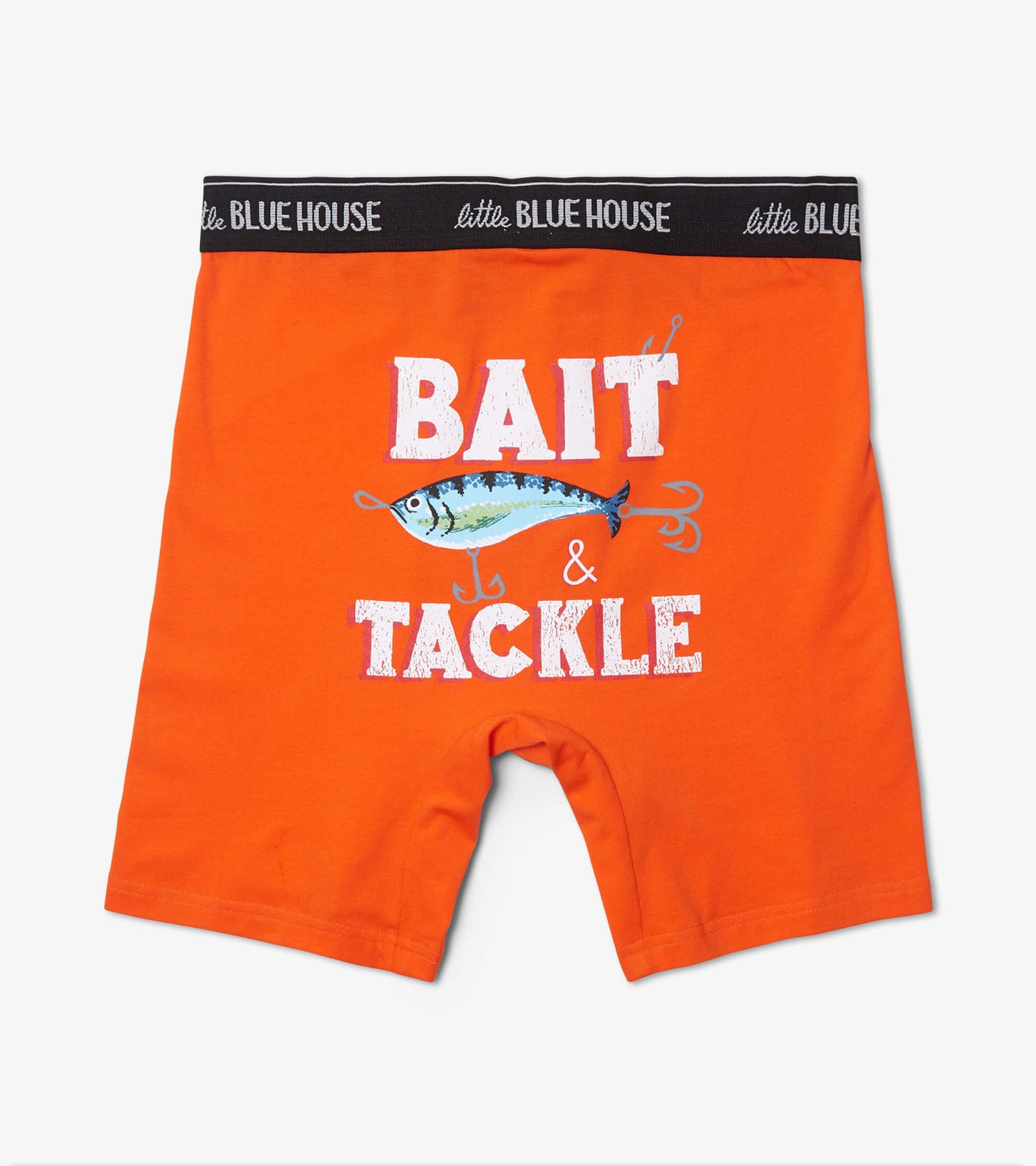 Orange boxer briefs featuring a fishing theme with "BAIT & TACKLE" text and a fish graphic on the back.