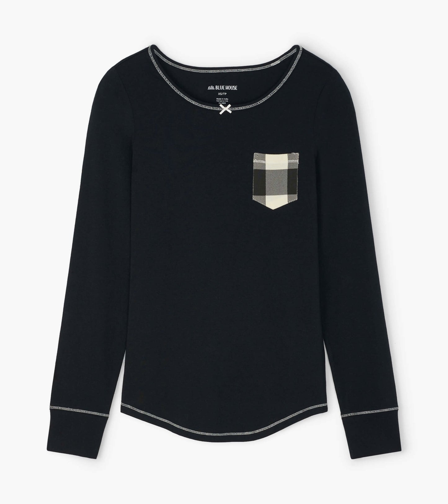 Black long-sleeve jersey top featuring a cream plaid pocket and contrasting stitching.