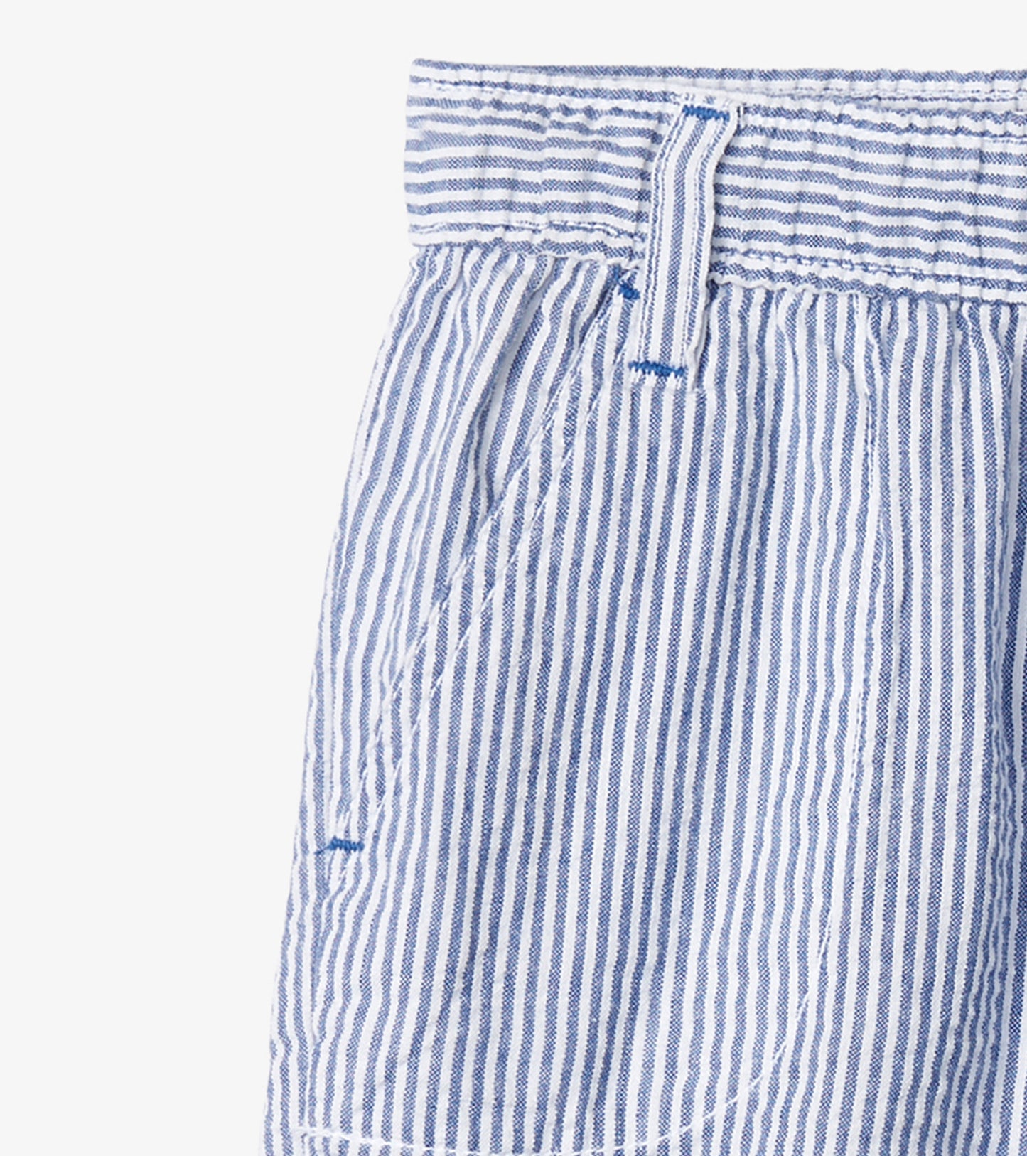 Blue and white striped woven shorts with an elastic waistband and side pockets.