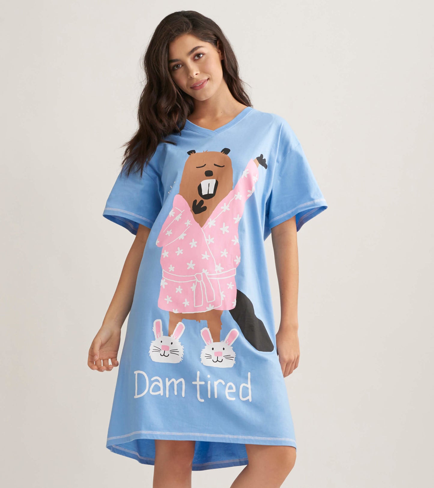 Light blue sleepshirt featuring a cartoon beaver in a pink robe and two bunnies, with "Dam tired" text at the bottom.