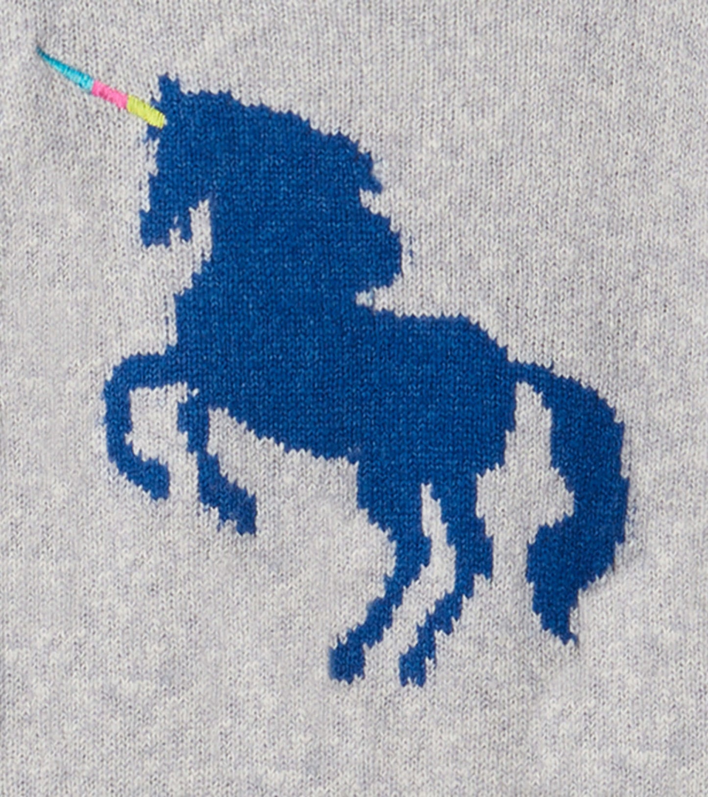 Gray sweater dress featuring a blue unicorn design with a colorful horn, ideal for casual wear.