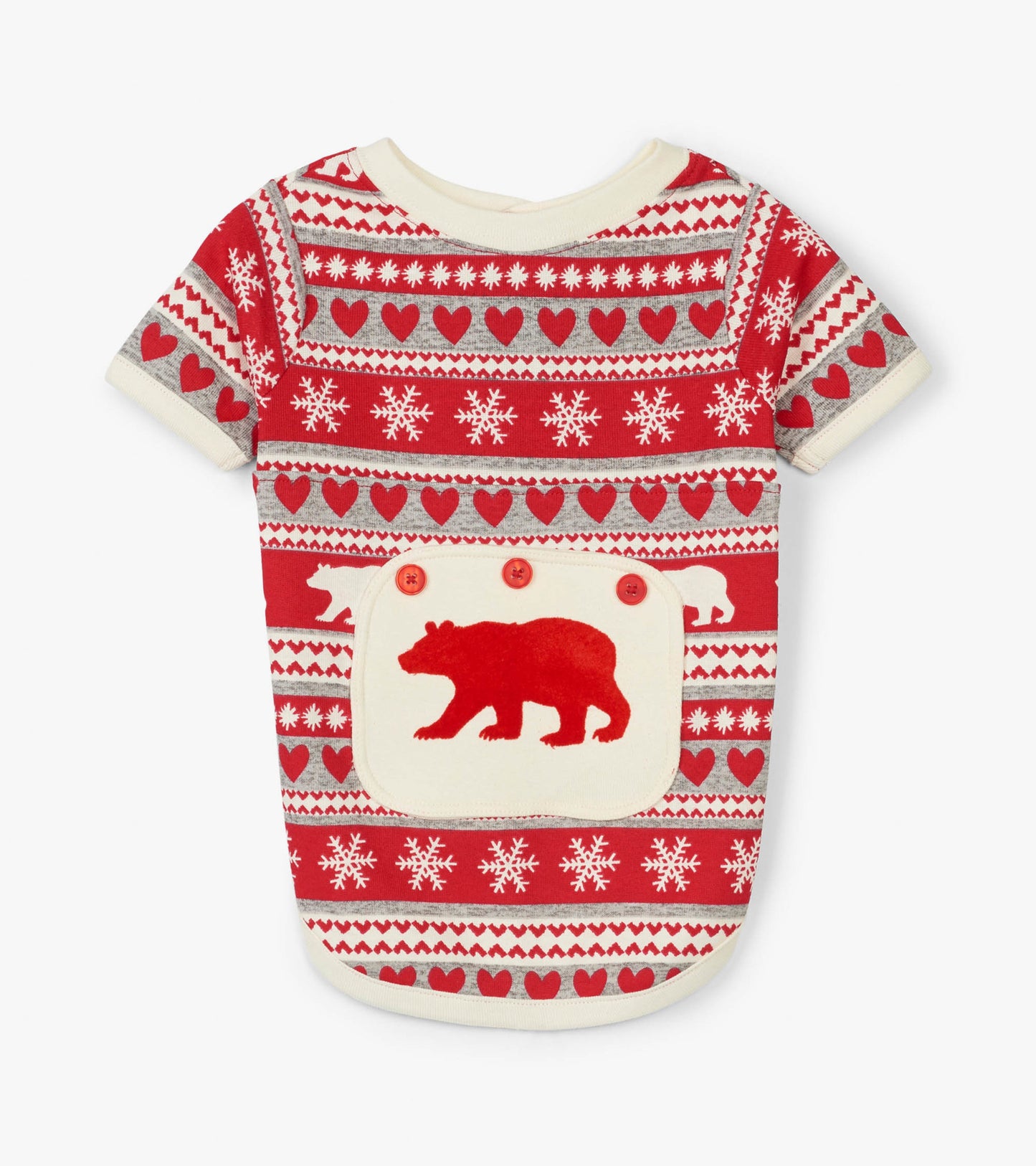 Red Fair Isle dog pajama featuring bear and snowflake patterns, short sleeves, and a soft fabric.