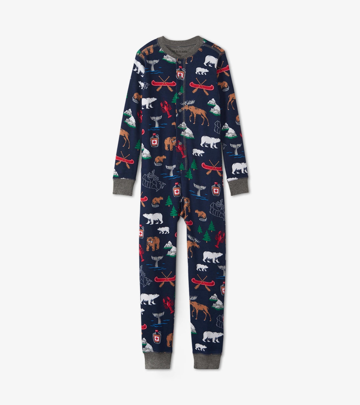 Navy onesie featuring colorful animal and nature patterns, with long sleeves and gray cuffs. Ideal for cozy wear.