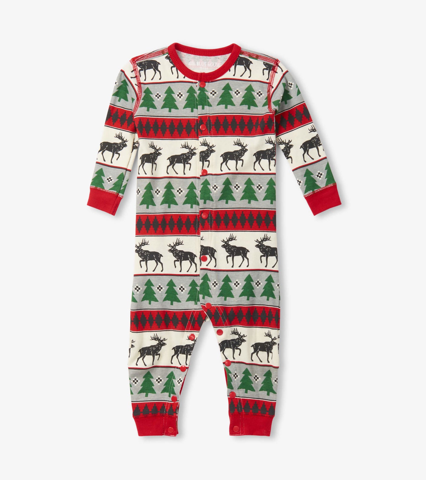 Cream union suit featuring a Fair Isle pattern with black elk, green trees, and red accents. Snap closure for easy dressing.