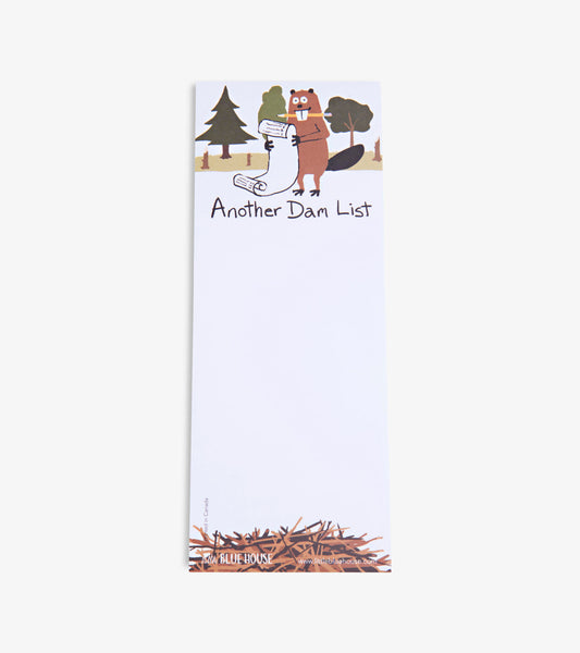Magnetic notepad featuring a cartoon beaver holding a scroll, with "Another Dam List" text and a nature background.