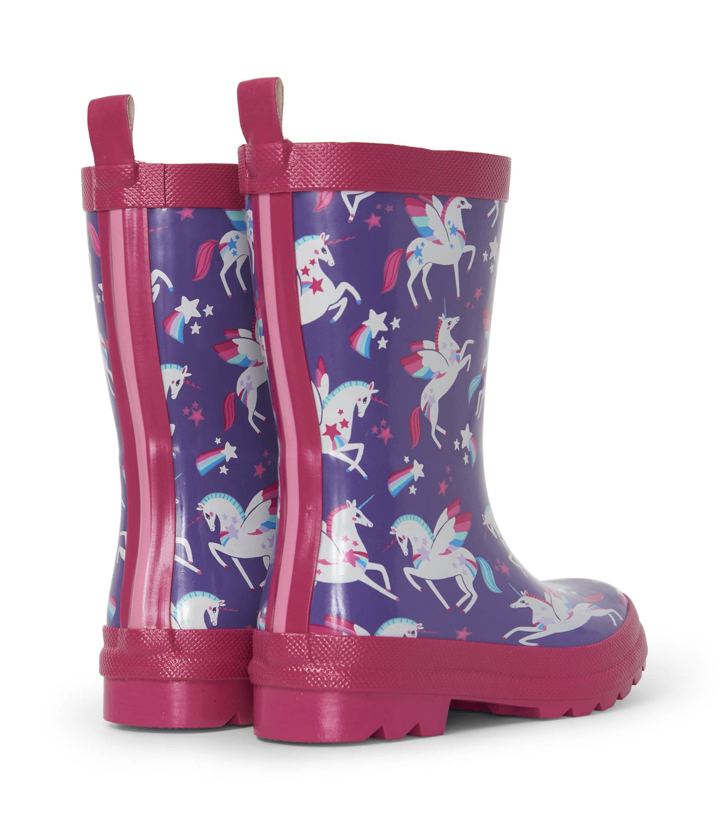 Purple rain boots featuring a unicorn and star pattern with pink accents and textured soles for grip.