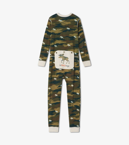 Camo patterned kids' onesie in green and brown with a moose graphic on the back and ribbed cuffs.