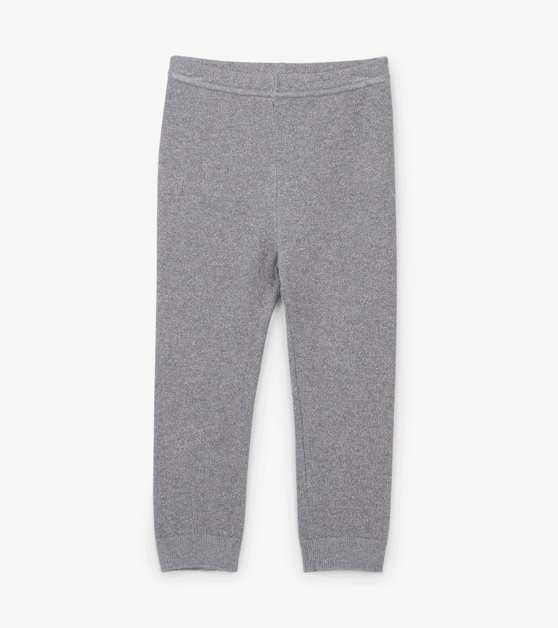 Gray cable knit leggings with silver glitter accents, suitable for babies aged 0-24 months.