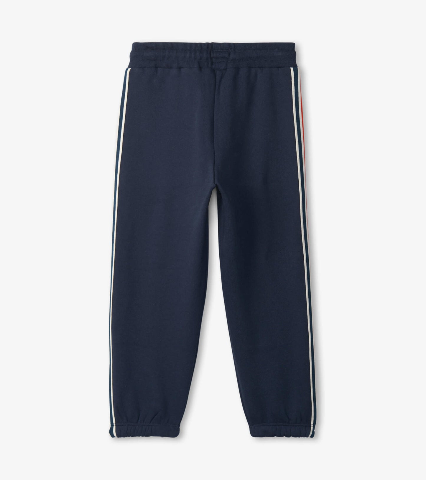 Navy relaxed joggers with elastic waistband and white side stripes, suitable for casual wear.