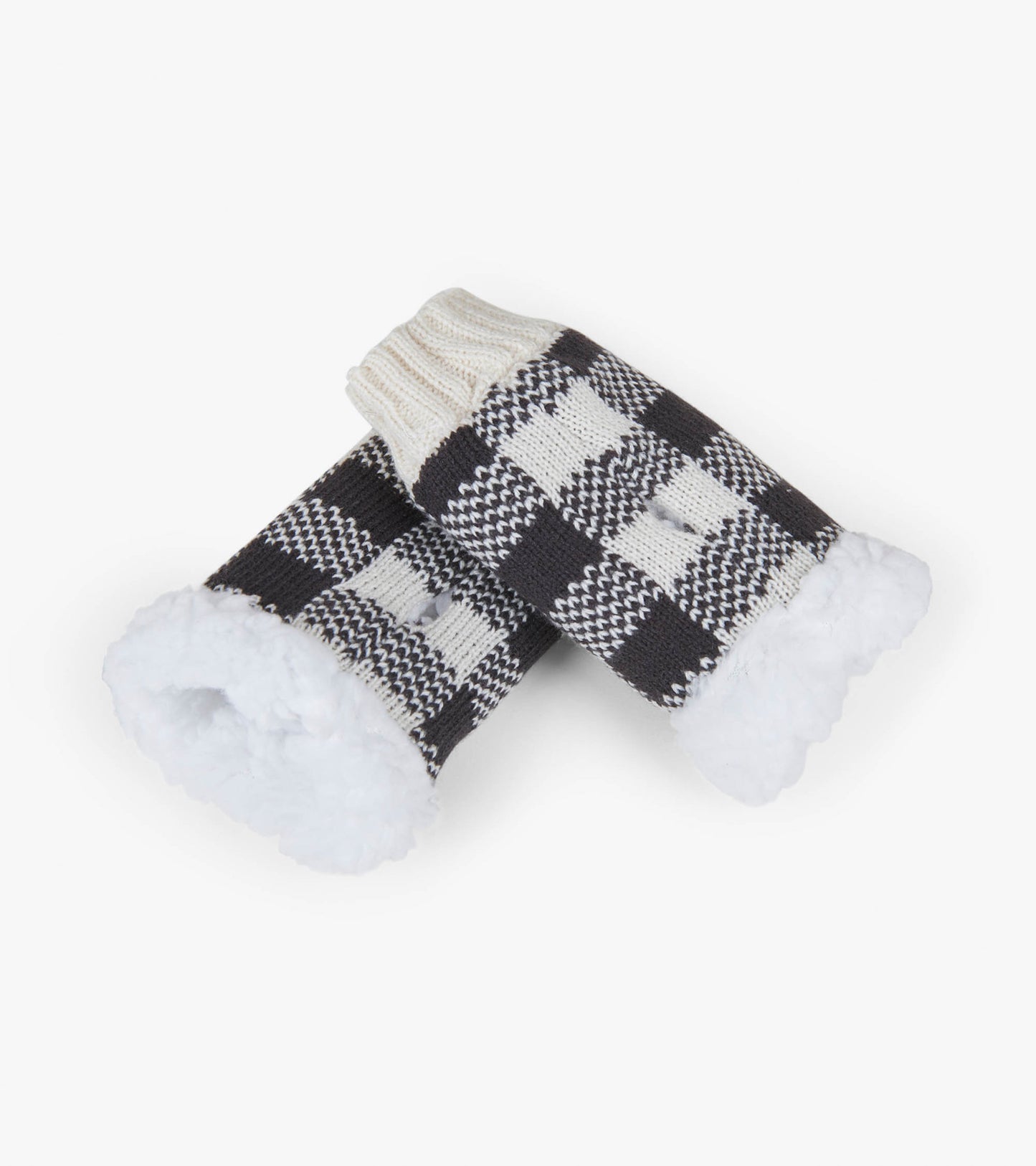 Cream plaid texting mittens with a soft white fleece lining and ribbed cuffs, designed for warmth and functionality.