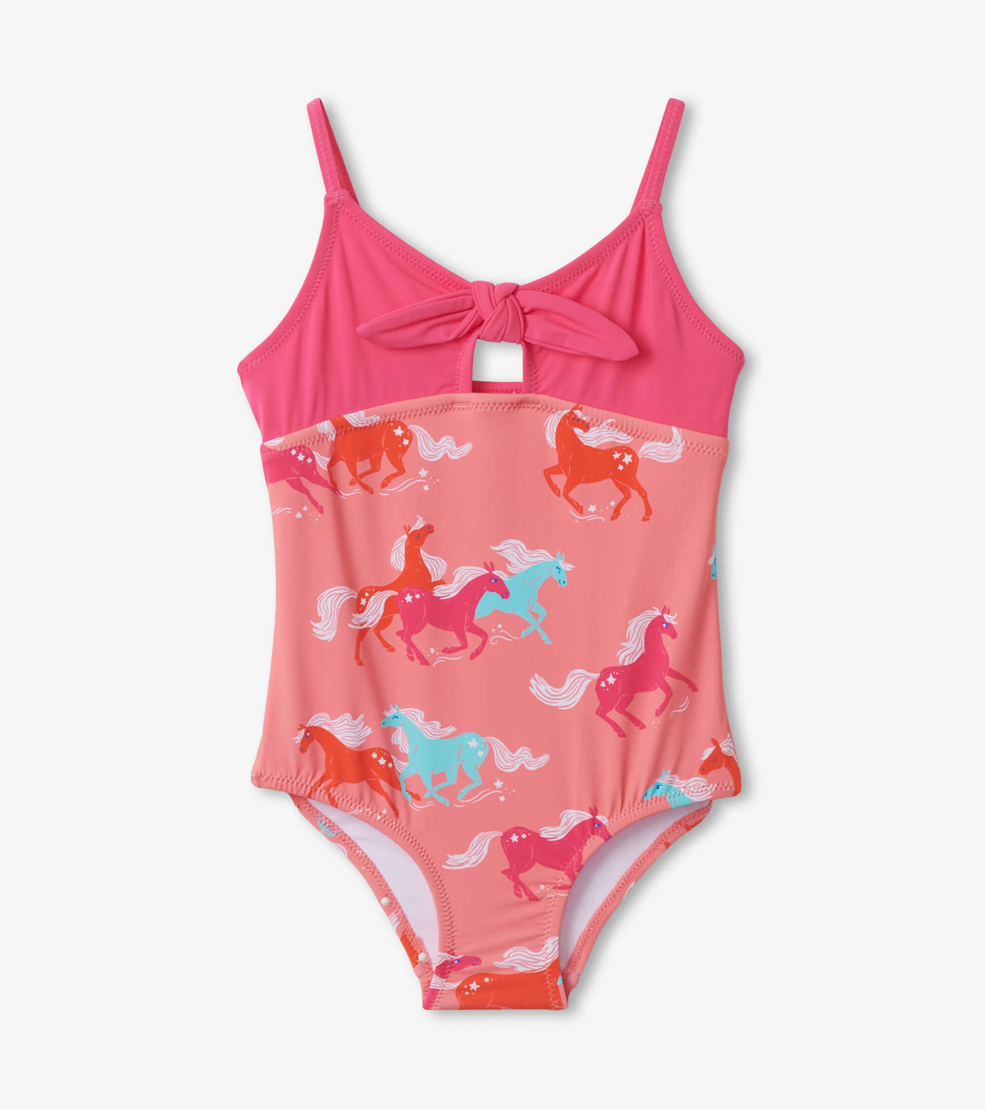 Pink tie-front swimsuit featuring playful horse patterns in various colors, ideal for kids' swimwear.