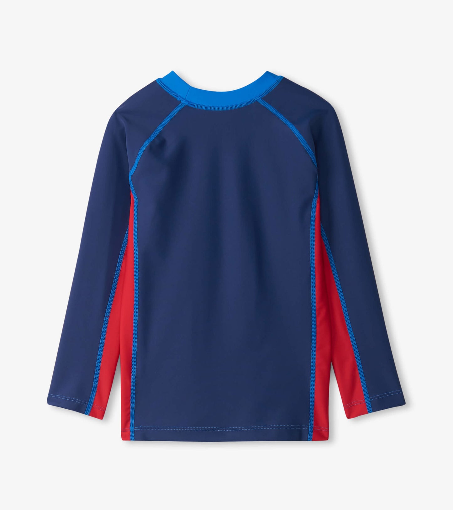 Navy long sleeve rashguard with red side panels and blue stitching, designed for boys' water activities.