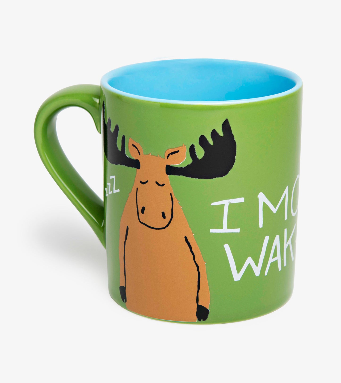 Green ceramic mug featuring a sleeping moose design and blue interior, perfect for enjoying hot beverages.