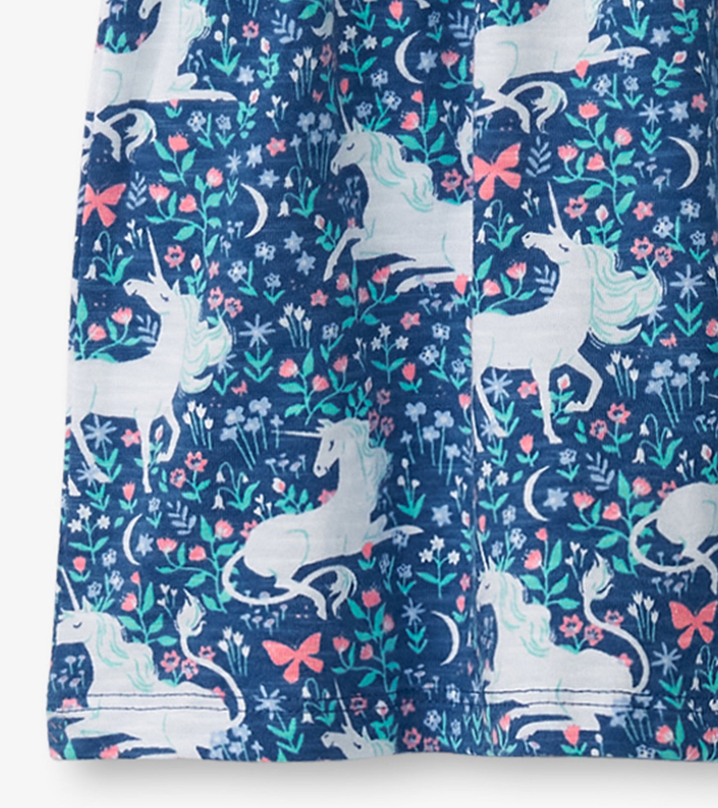 Navy dress featuring a whimsical unicorn and floral pattern, perfect for casual wear.