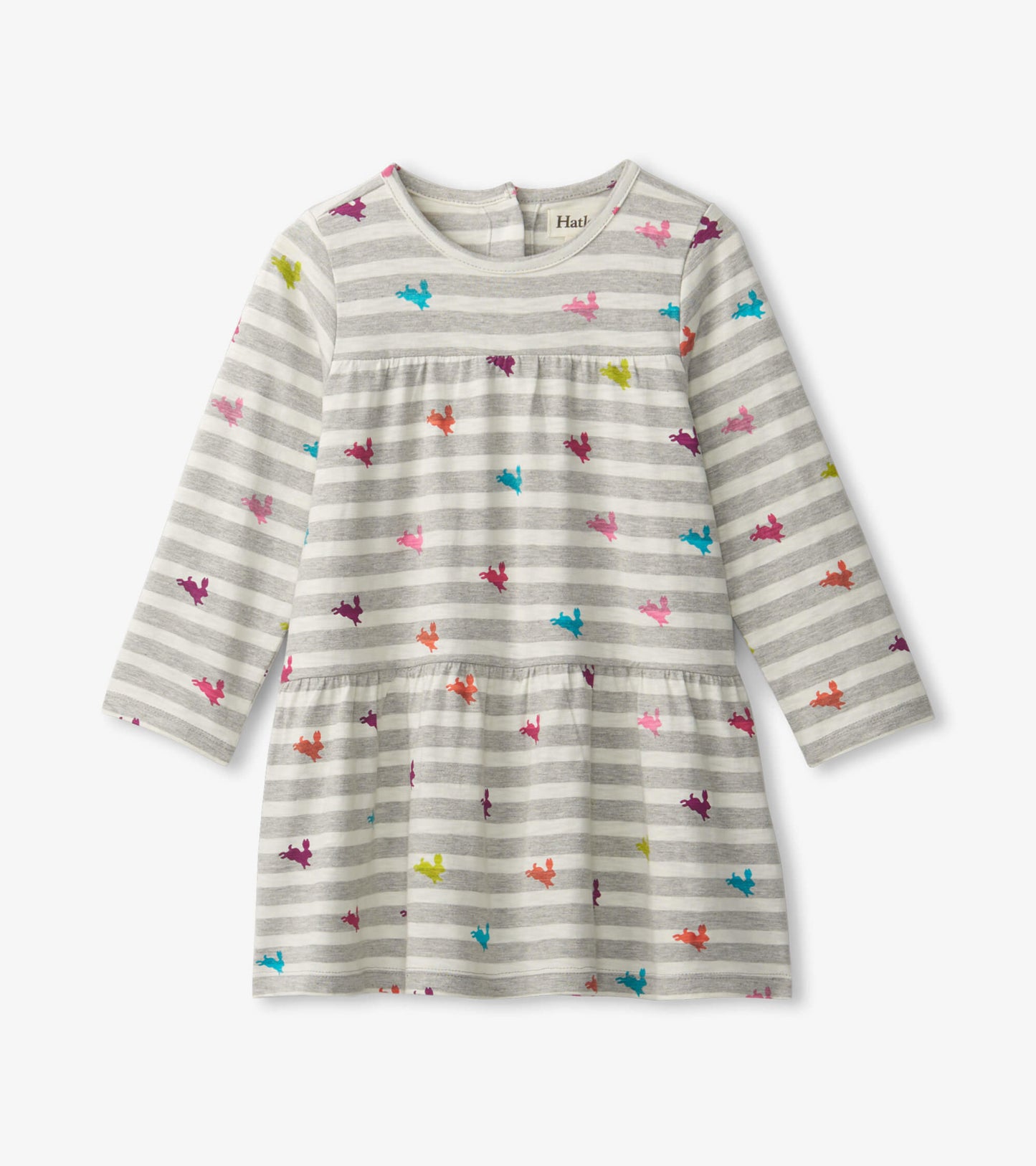 Gray tiered dress with colorful bunny prints and horizontal stripes, featuring long sleeves and a round neckline.