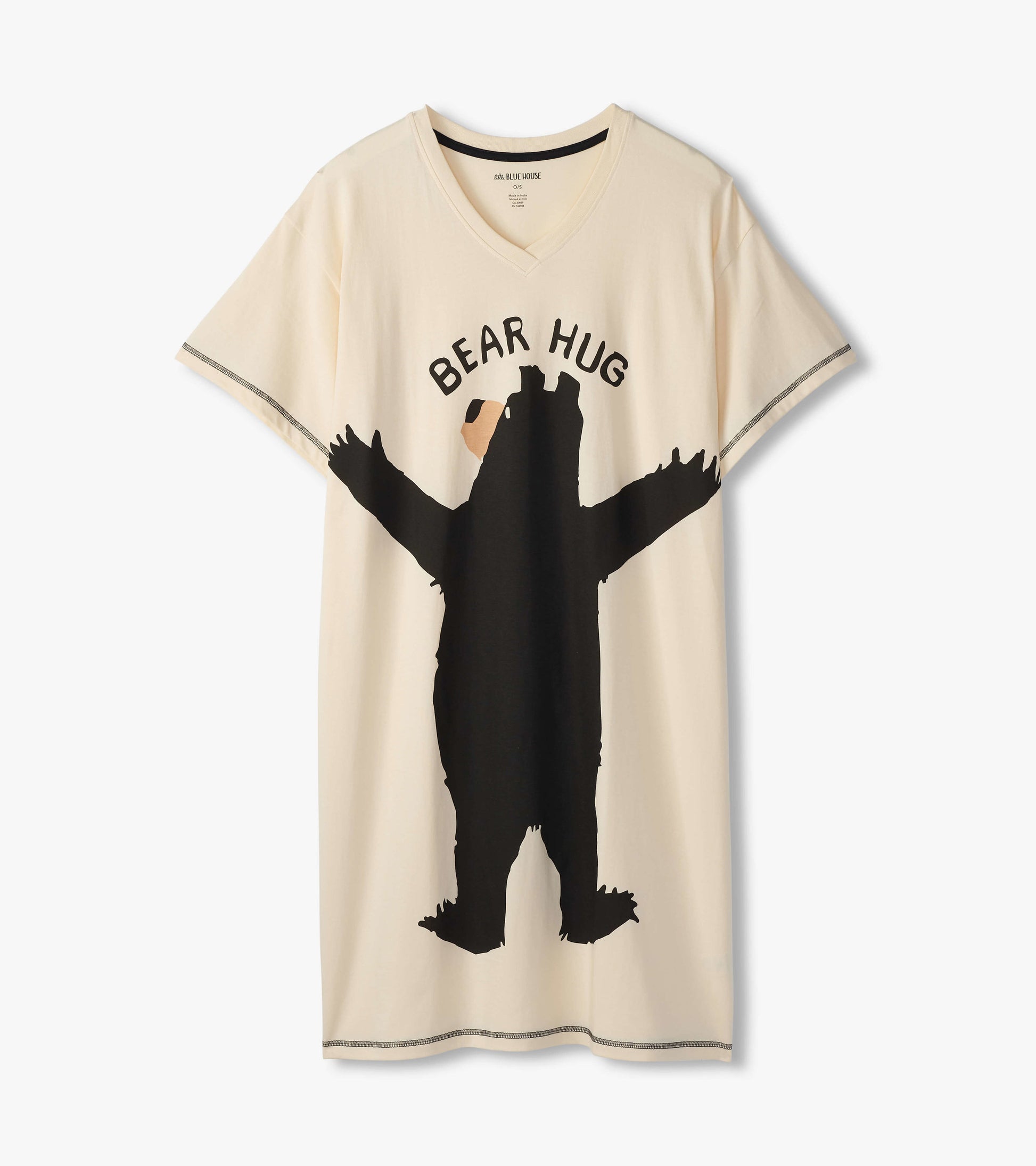 Cream-colored sleepshirt featuring a black bear graphic with outstretched arms and the text "BEAR HUG" above.