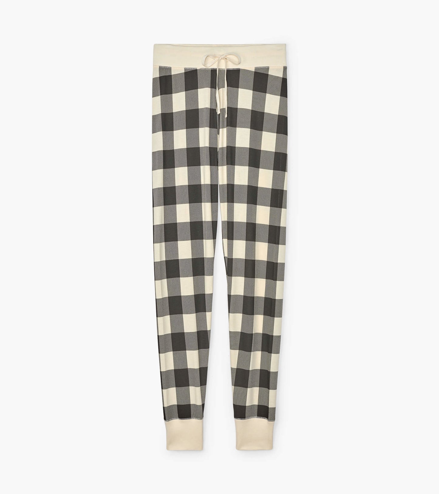 Cream plaid women's sleep leggings with a drawstring waist and fitted cuffs. Ideal for lounging or sleeping.