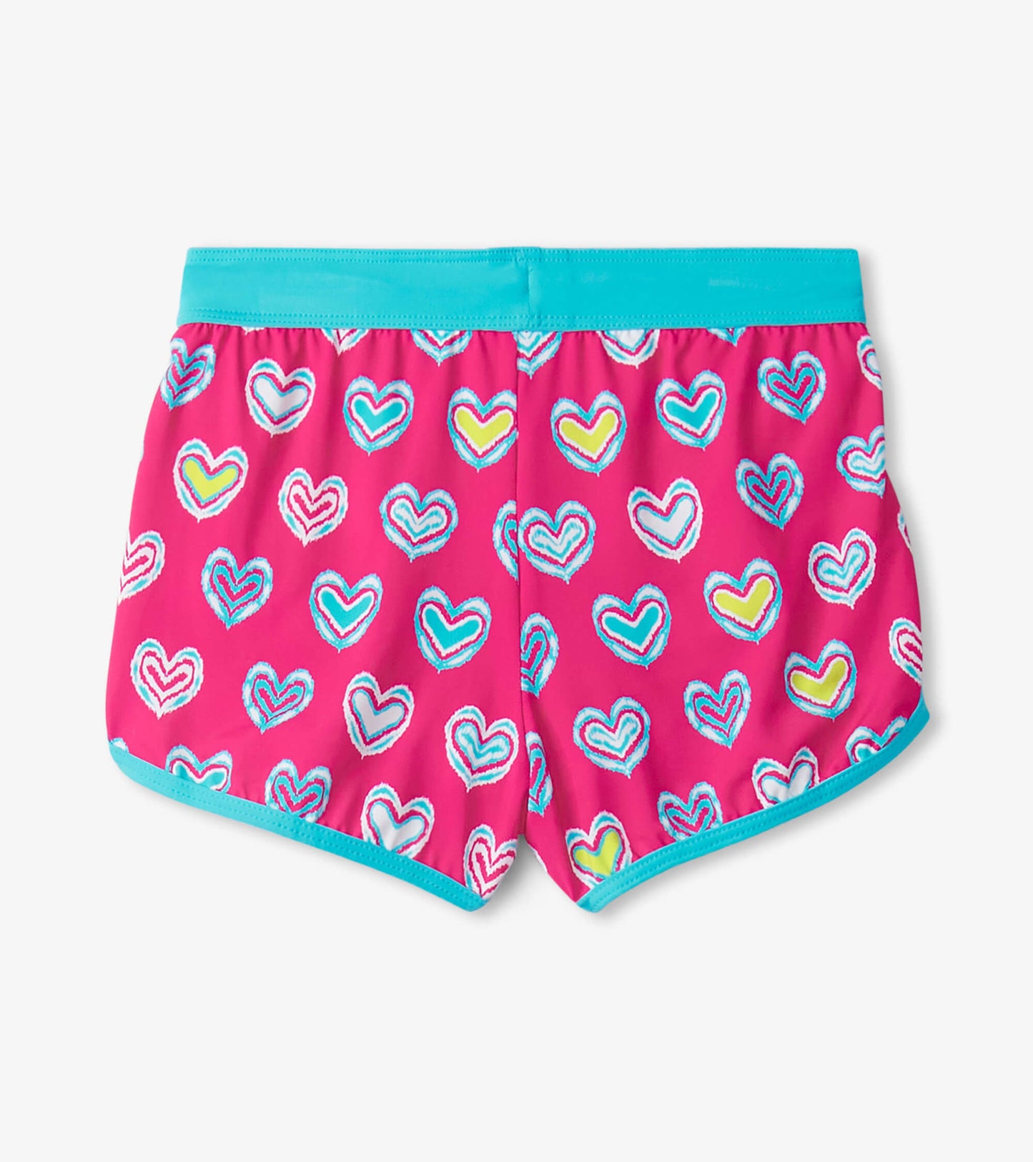 Girls' pink swim shorts featuring a colorful heart pattern and a turquoise waistband, ideal for beach or pool wear.